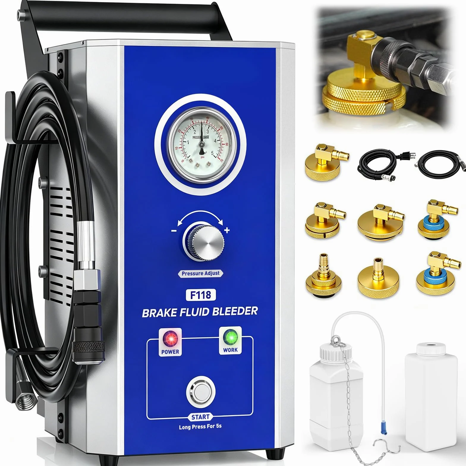 Kit Eléctrico de Purga de Frenos - PARAOUTIL110V/220V Kit de Purga de líquido de Frenos 0~3 Bar con 17 Adaptador Purgador Frenos Dispositivo de Purga de Frenos de vehículo on Modos Lento y rápido