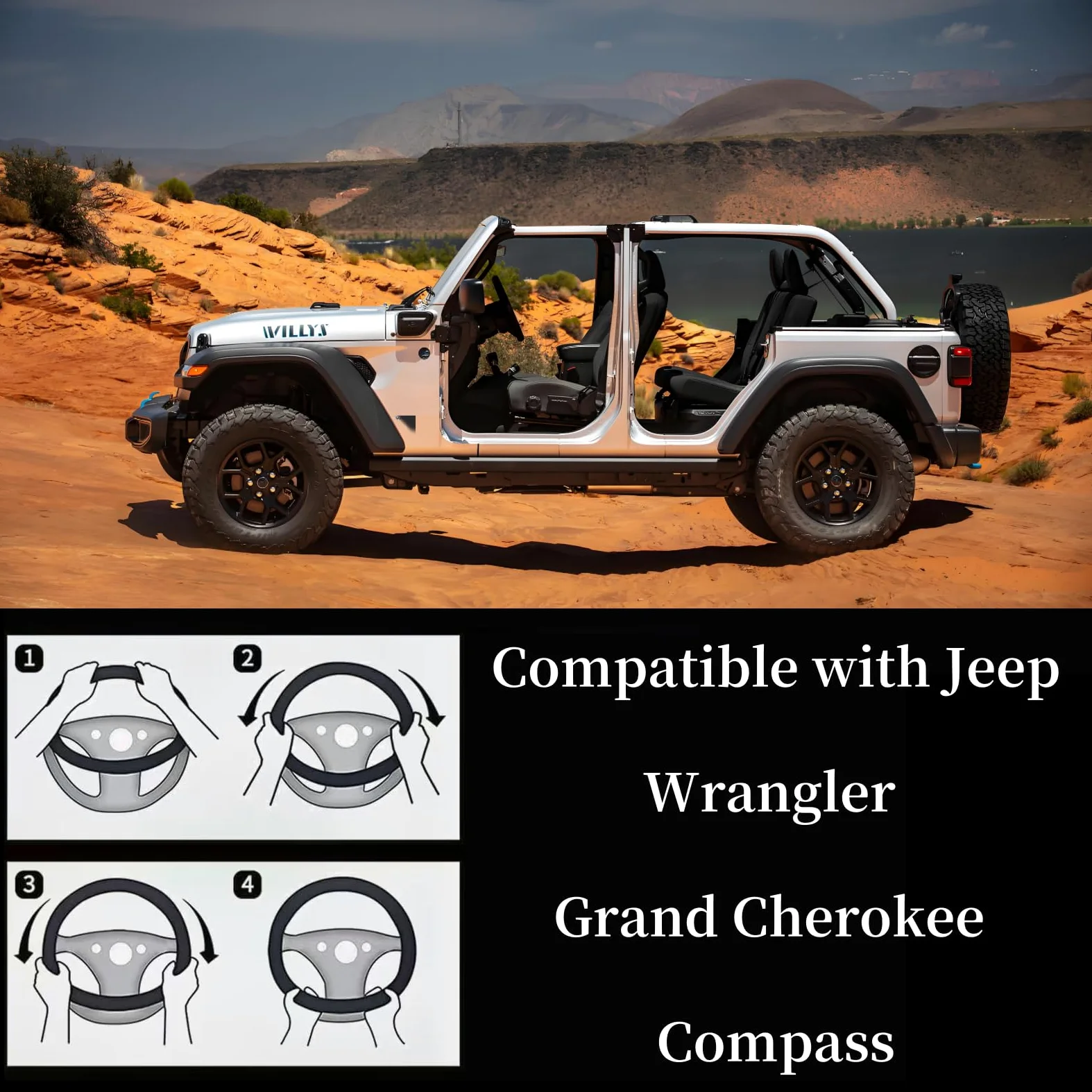 Yangday Funda de cuero para volante para Jeep Wrangler Grand Cherokee | Funda para volante de coche de 14.5 a 15 pulgadas con antideslizante y transpirable (azul)