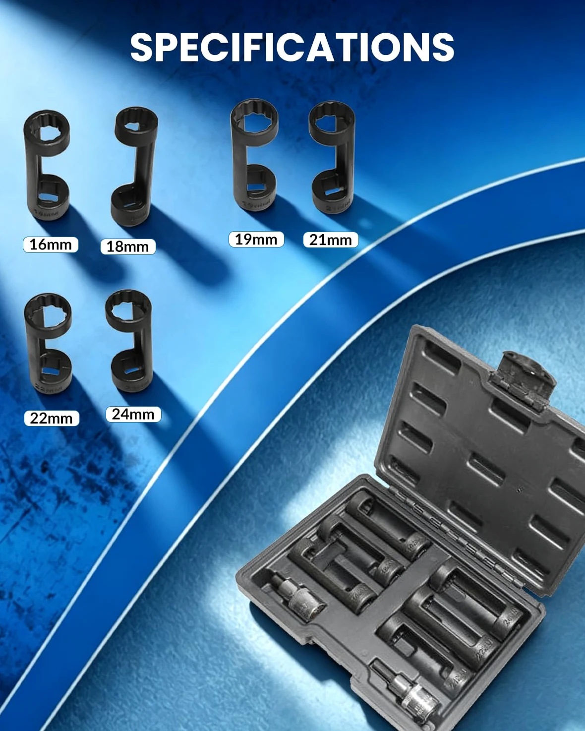 DPTOOL Enchufe de tuerca de puntal de 16 mm, 18 mm, 19 mm, 21 mm, 22 mm, 24 mm con 12 puntos, 1/2 ", enchufe esparcidor de puntal de suspensión, herramienta de amortiguador de 8 piezas