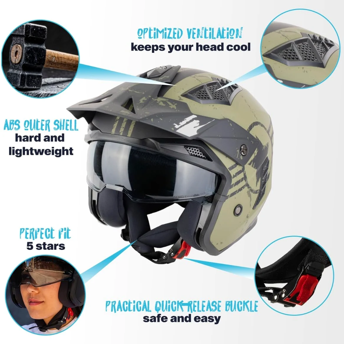 VINZ Shikoku - Casco Jet / Streetfighter | Homologado ECE 22.06 | Casco de moto | Casco de moto | Casco Scooter con visera solar / Parasol | Casco Jet con protector de barbilla desmontable