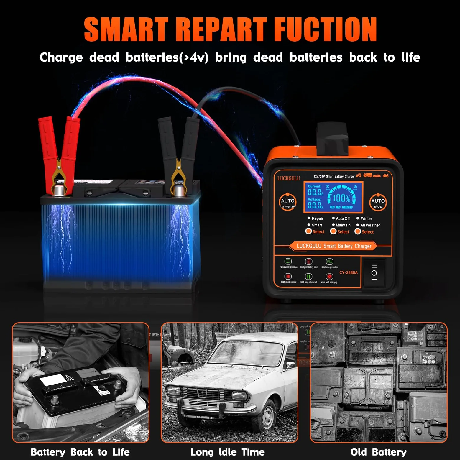 Cargador de batería de coche 12V/24V 20A, equipo automático de carga y mantenimiento de alta resistencia con modo reparación, programa de invierno y parada automática; cargador rápido para coches, cam