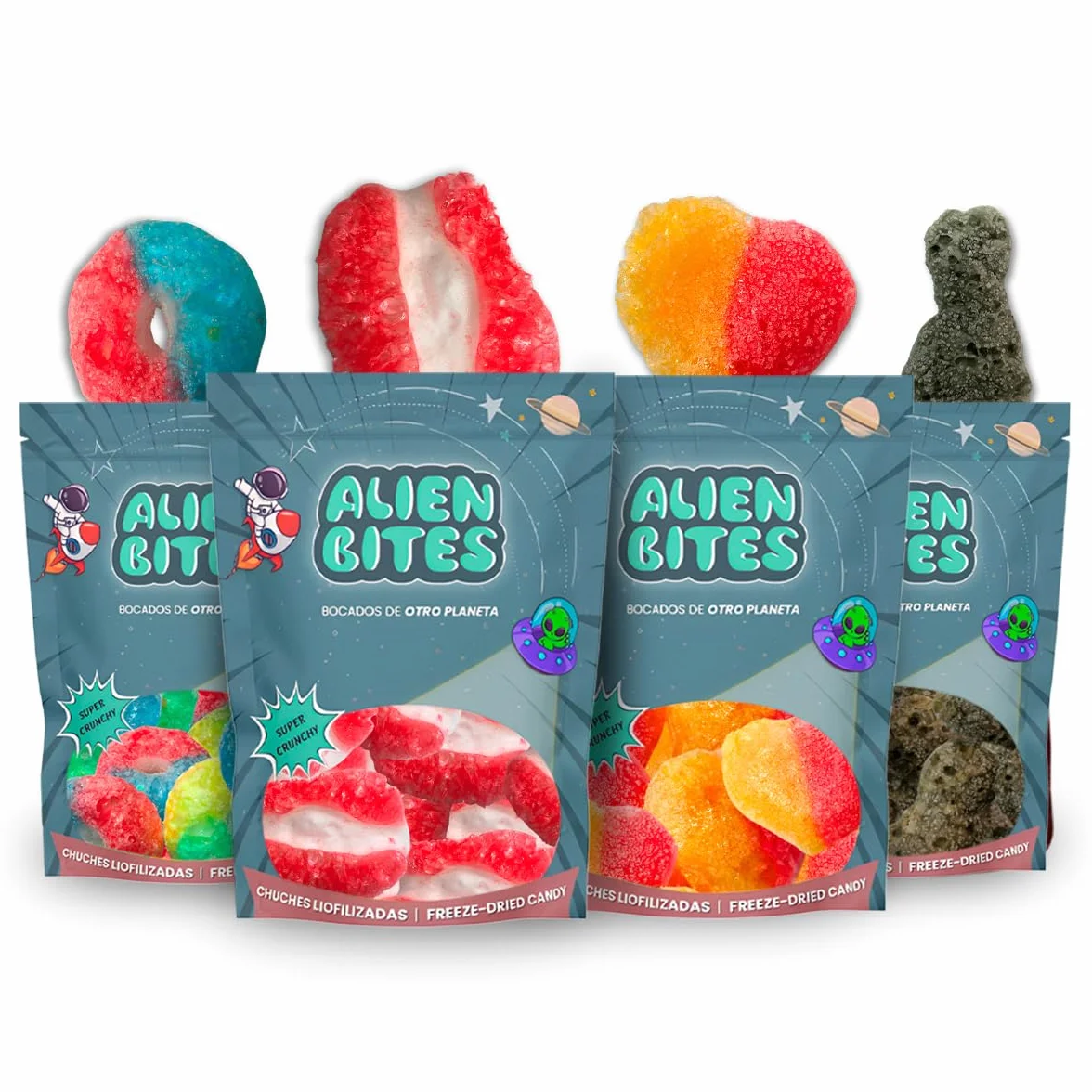 Alien Bites Pack de 4 Bolsas de 50g Chuches Liofilizadas Gominolas Freeze Dried Sin gluten