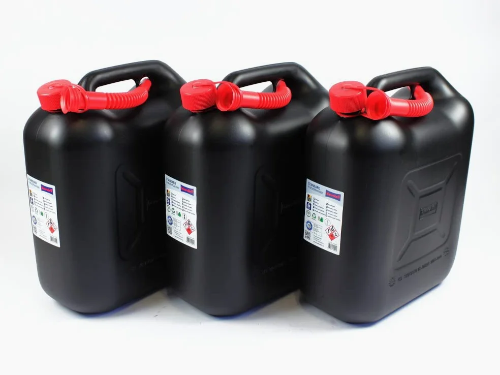 Bidón de gasolina de 20 litros de combustible, color negro, aprobación de la ONU, diésel, gasolina E85, con vertedor, motosierras de cadena, cortacésped de coche (juego de 3)