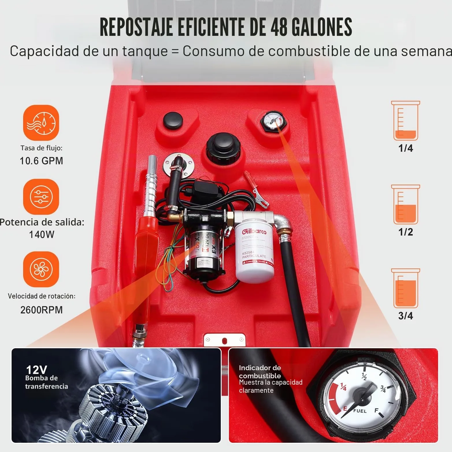 VEVOR Depósito Portátil de Gasolina Diesel 182 L Tanque de Repostaje de Combustible Bomba de Transferencia de 12 V 40 L/min Manguera de 4 m Boquilla de Repostaje Automático para Vehículos, Rojo