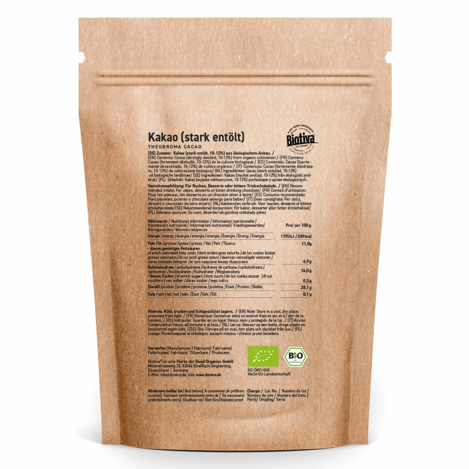 Biotiva Polvo de cacao orgánico 300 g altamente desengrasado 11% grasa sin azúcar sin aditivos