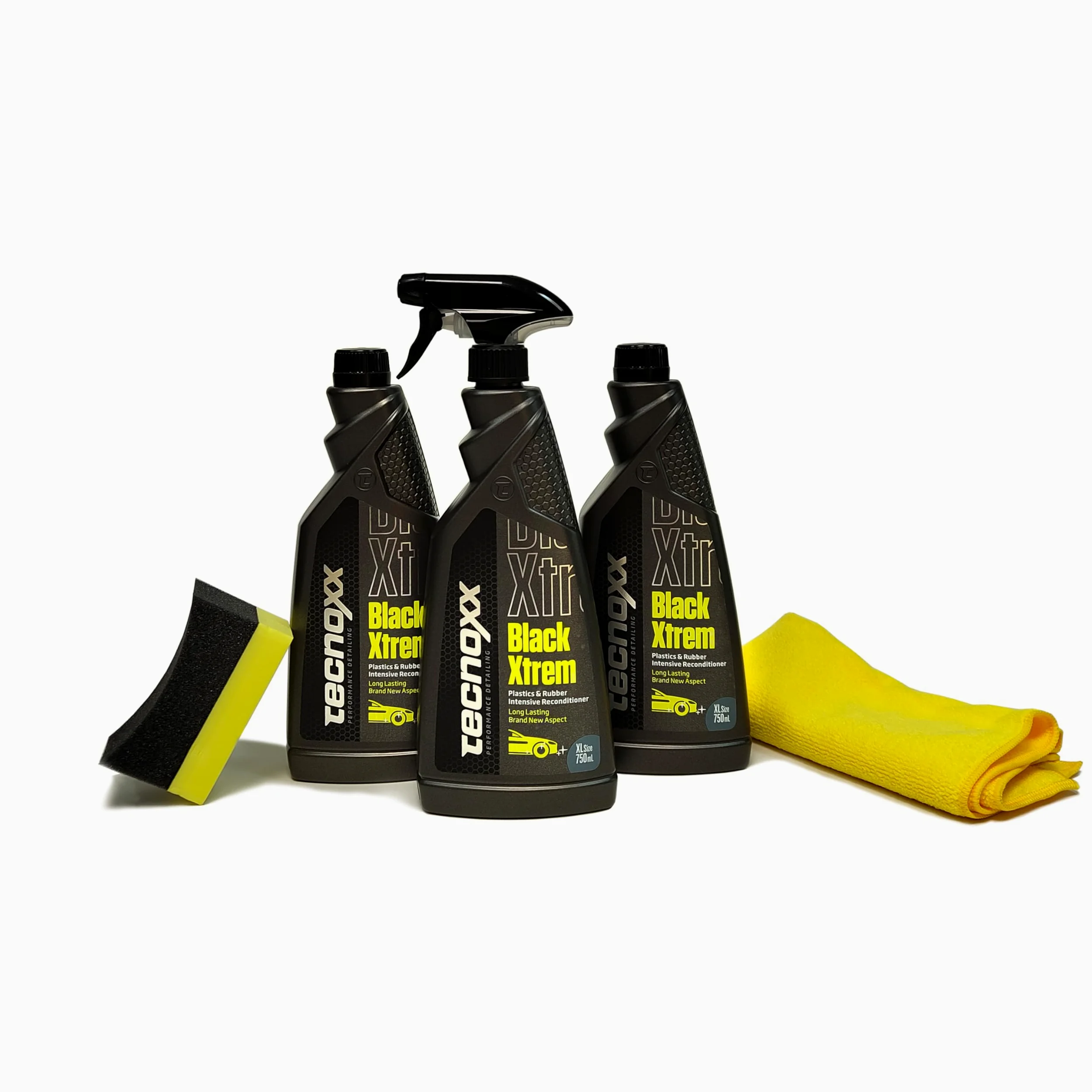 Tecnoxx Black Xtrem Restaurador de Plásticos y Gomas Exteriores para Coche – Protección UV, Brillo Natural, Durabilidad Extrema, Pack 3 Unidades + Esponja y bayeta de Microfibra