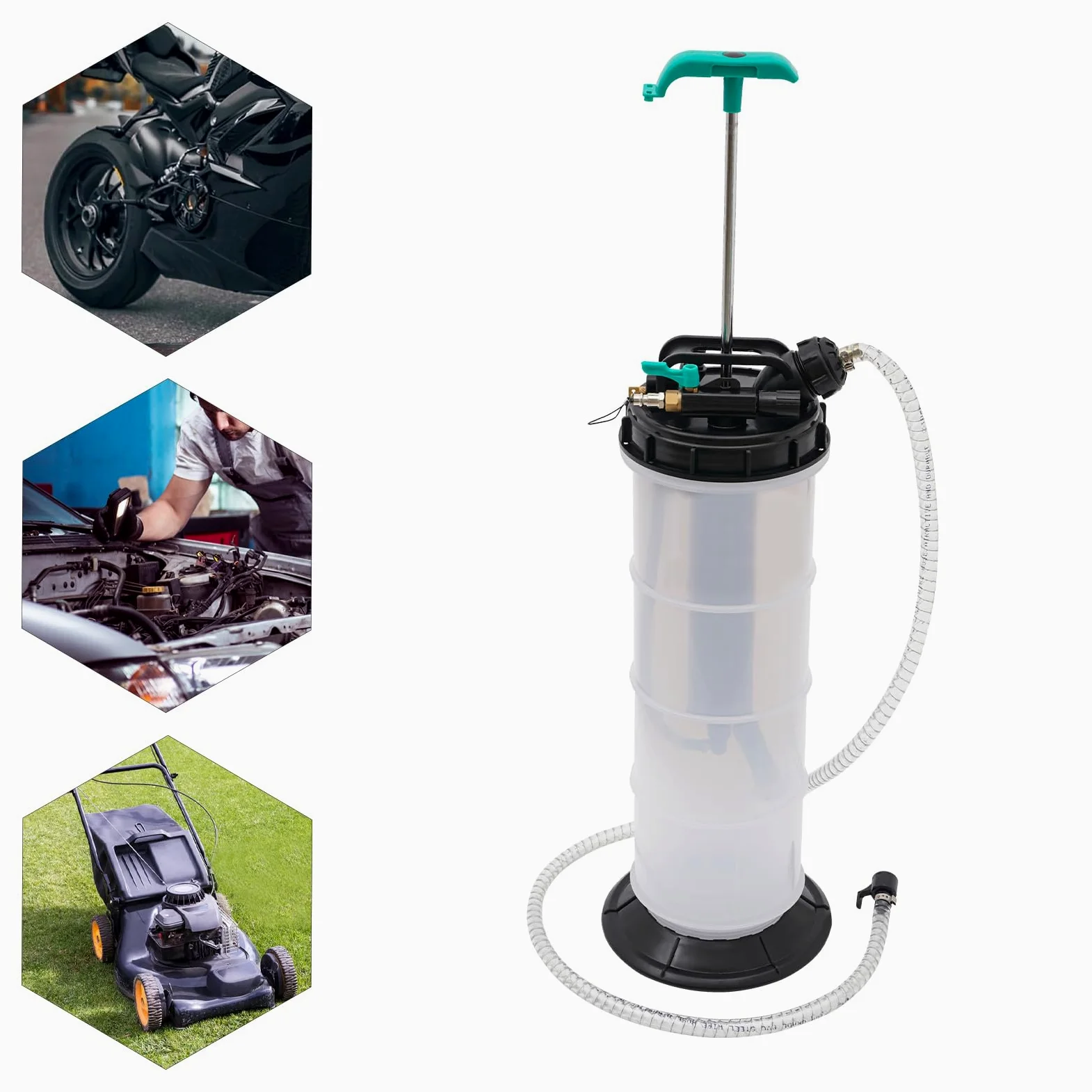 Aspirador de aceite de doble uso manual y neumático de 7,5 l, bomba de aceite líquido, con 4 mangueras, apto para cortadoras agrícolas, coches, motocicletas y barcos