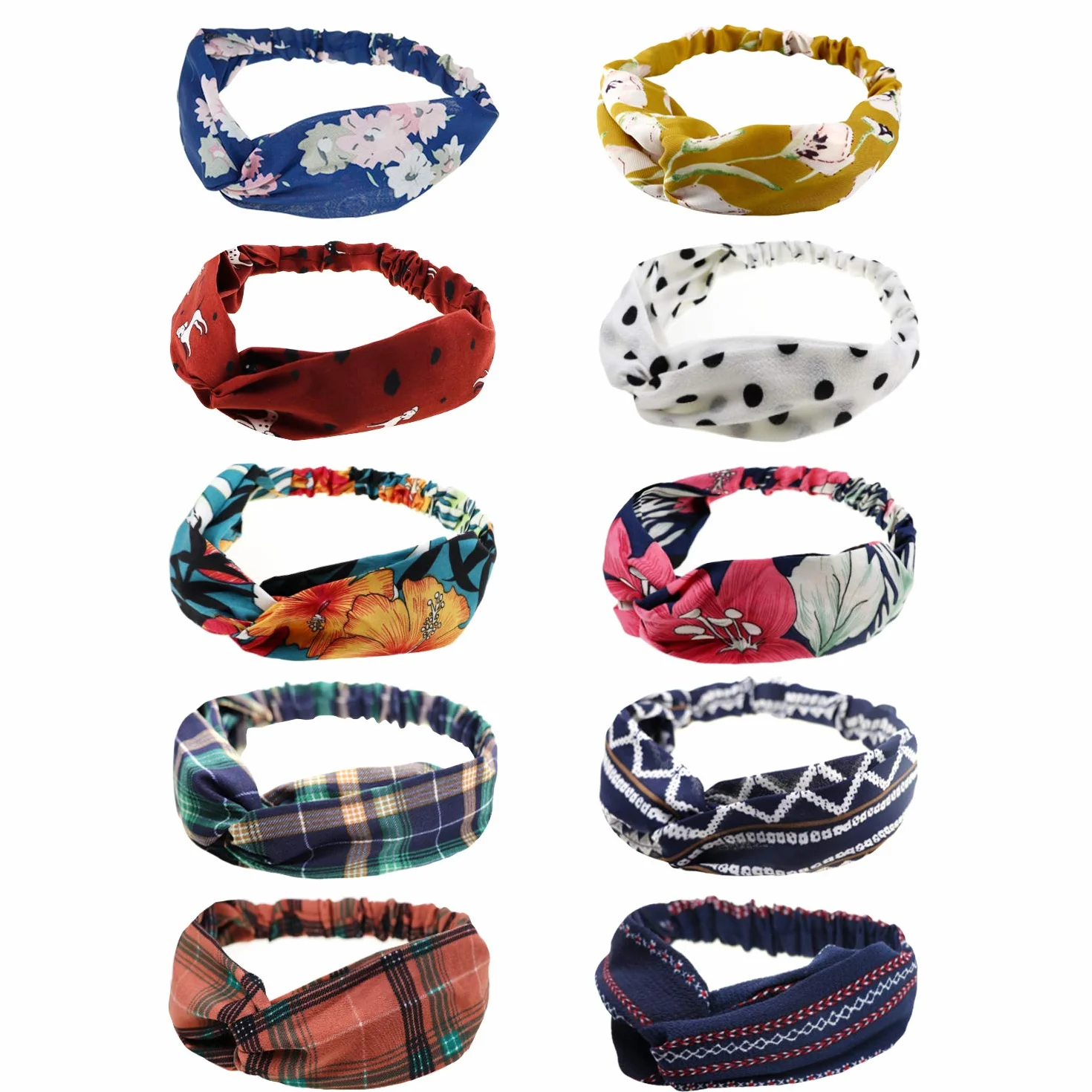 DRESHOW 10 Piezas Diademas Flor Vintage Impreso Criss Cross Anudado Elástico Banda para el Cabello Accesorios de Pelo Yoga Cabeza Wraps