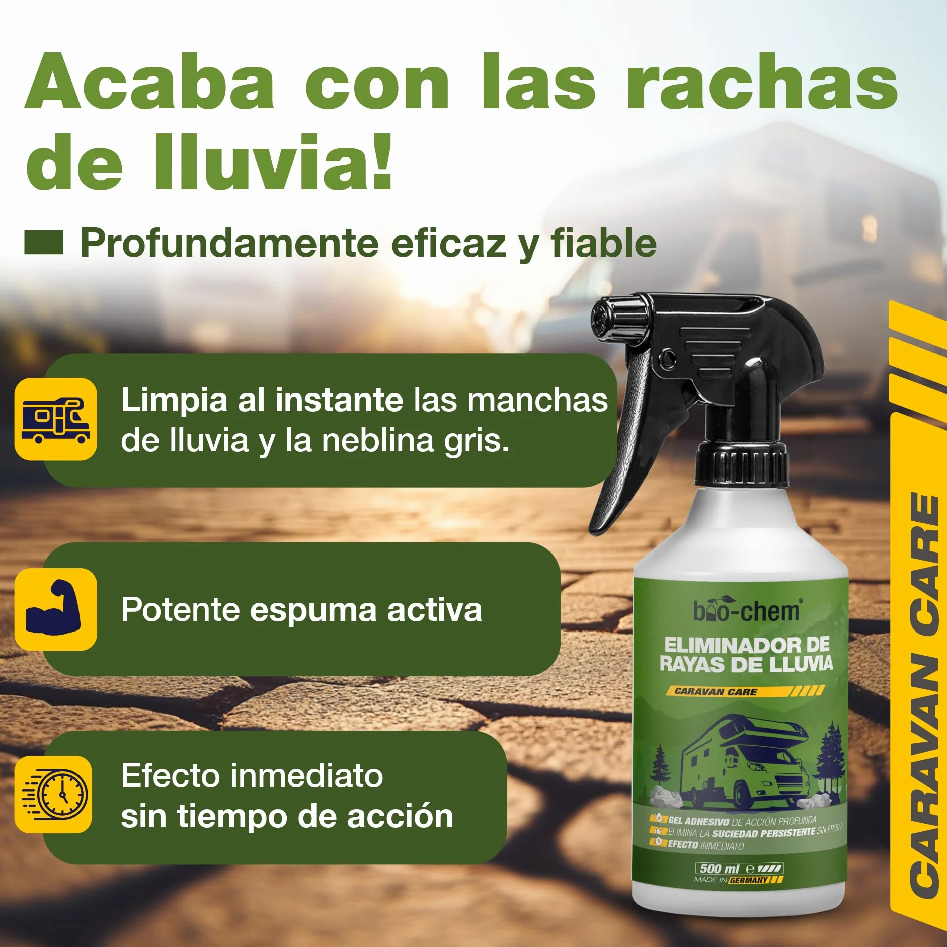 Bio-Chem - Quitamanchas de Lluvia 500ml + manopla microfibras para Parabrisas y Lunas de autocaravanas, caravanas y Coches - Producto Ideal para Lunas Durante Sus Vacaciones en Autocaravana
