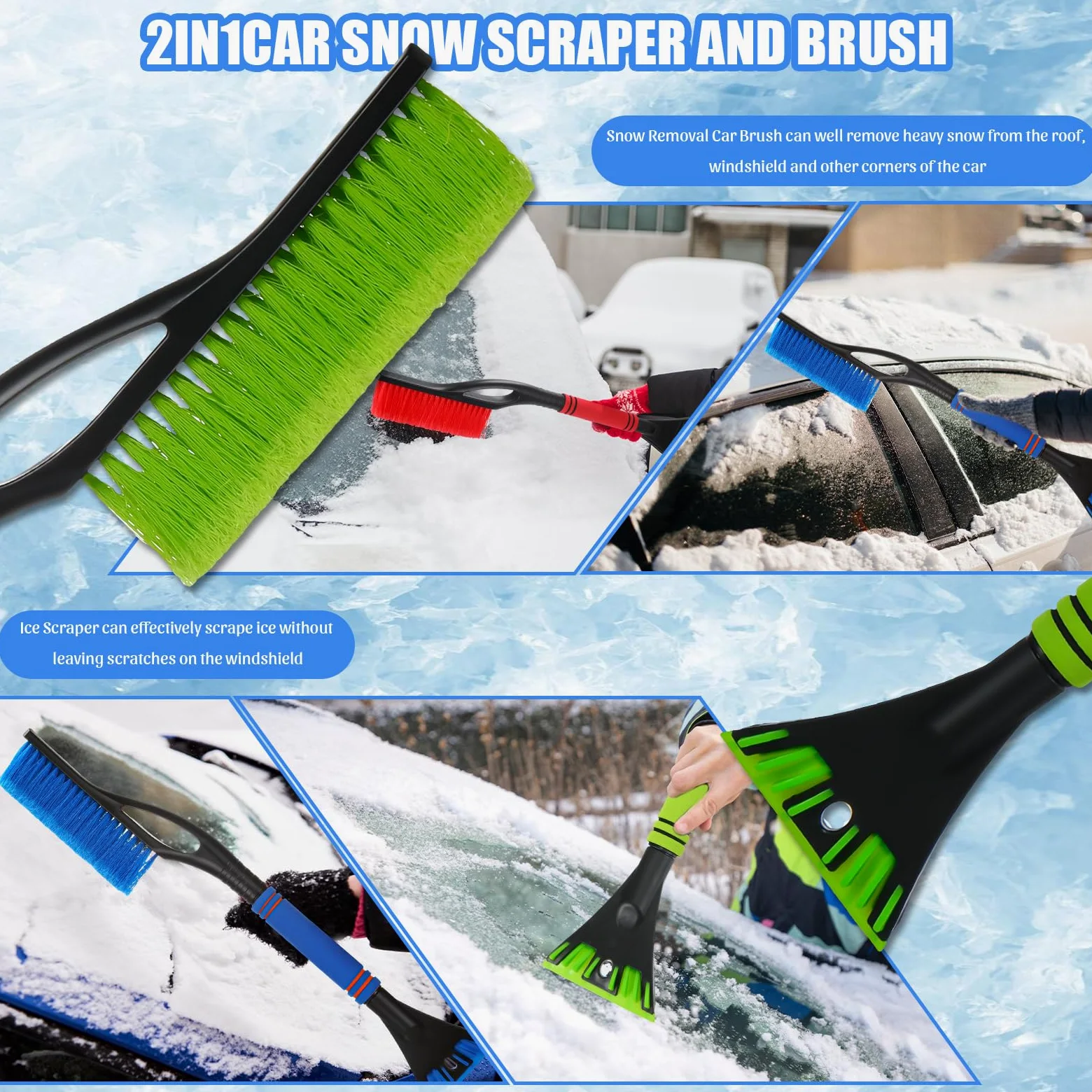 Uiifan 24 cepillos de nieve y raspadores de hielo de 24 pulgadas para ventanas de parabrisas de coche, desmontables, sin arañazos, para quitar hielo y nieve, con agarre de espuma para coches,