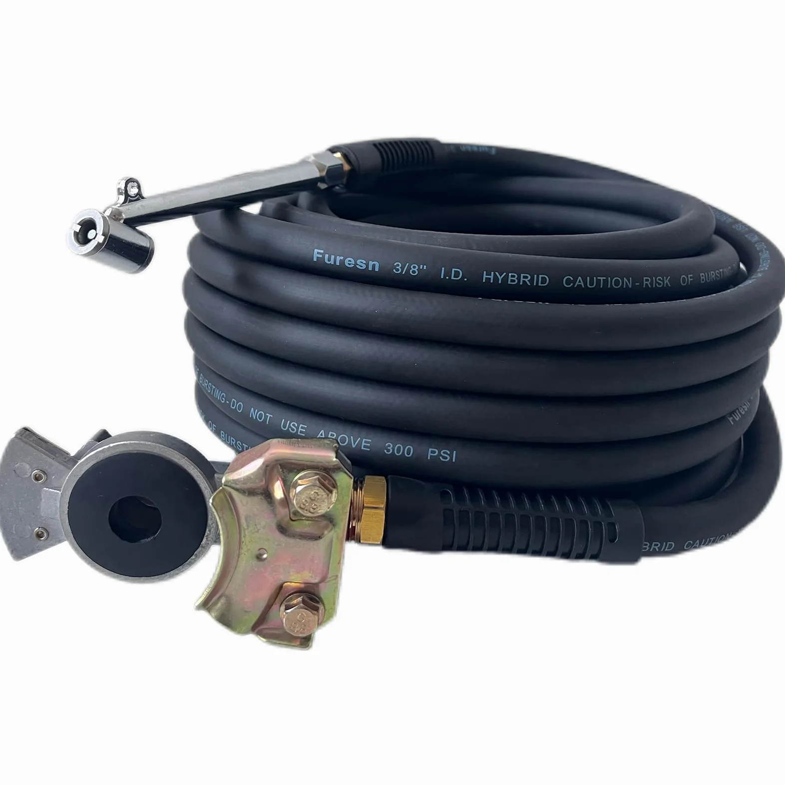Kit de inflador de neumáticos de camión, manguera de aire híbrida de 3/8 pulgadas x 50 pies con mano alegre y portabrocas de aire, resistente, ligero, resistente a las torceduras, 300 PSI