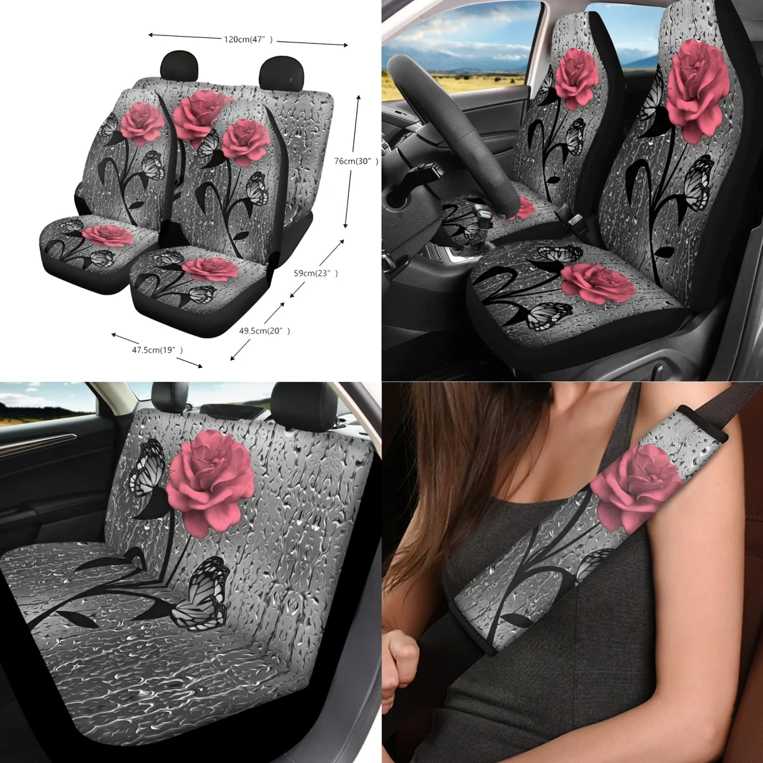 Xoenoiee Juego completo de fundas universales para asiento de auto, incluye soporte para gafas de sol, soporte para gafas de sol, funda para volante, almohadillas para cinturón de seguridad, llaveros