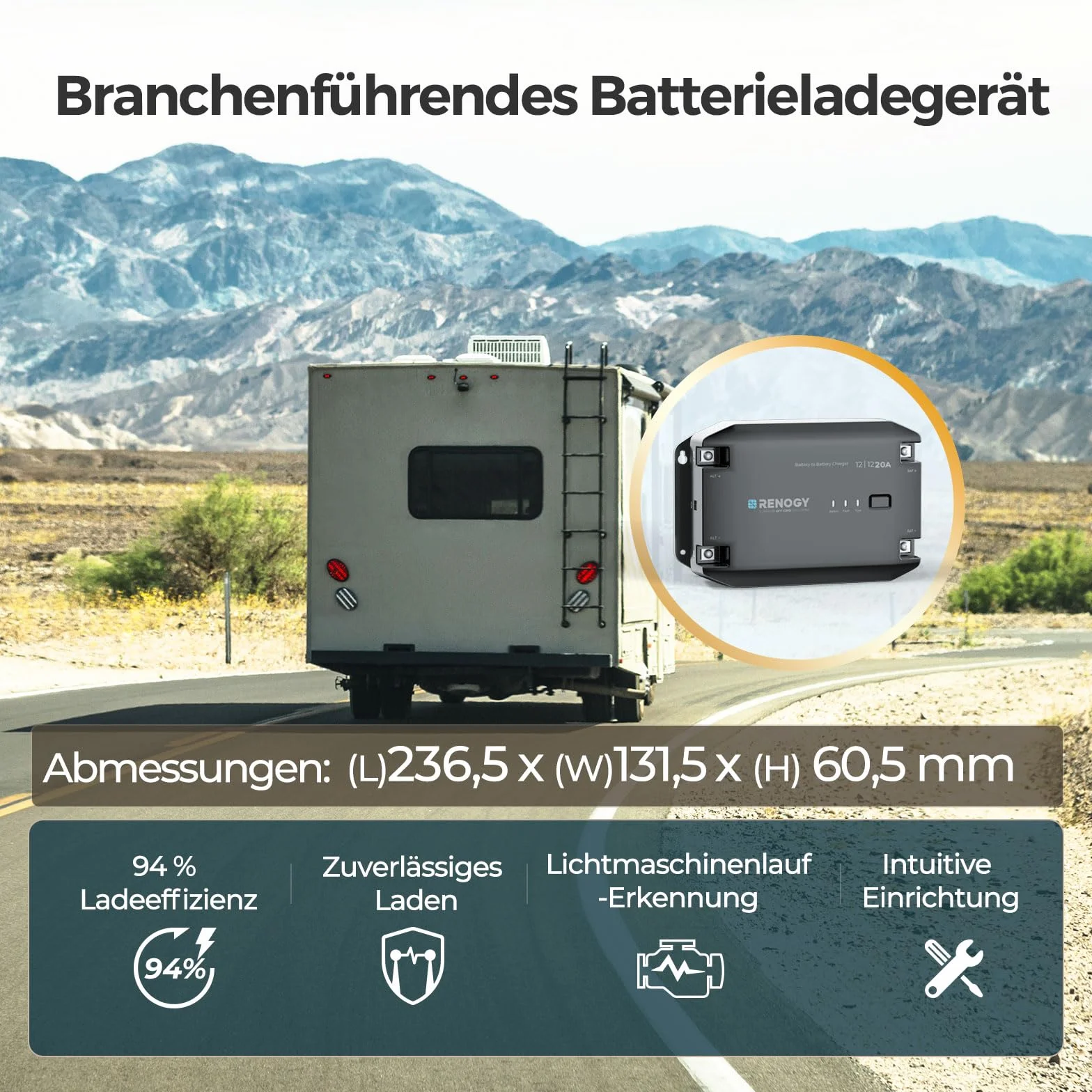 Renogy Cargador de batería 20 A DCDC, Cargador de energía Solar de 12 V, AGM, Flooded, Gel y batería de Litio, protección contra sobrecalentamiento