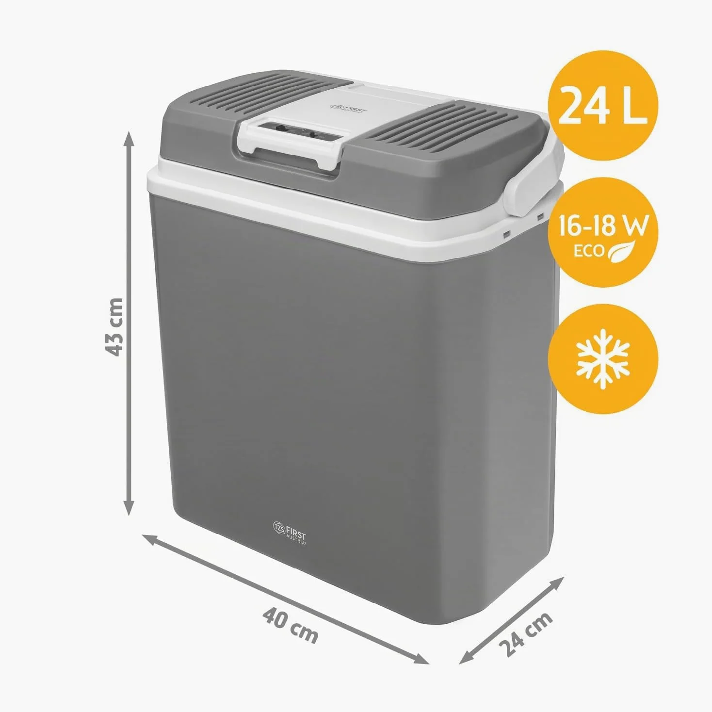 TZS First Austria - Nevera portátil 24L eléctrica 12V 230V enchufe para coche y estándar - Frigorífico termoeléctrico enfría y calienta - Coolbox con asa - Para camping, festivales, viajes - Gris