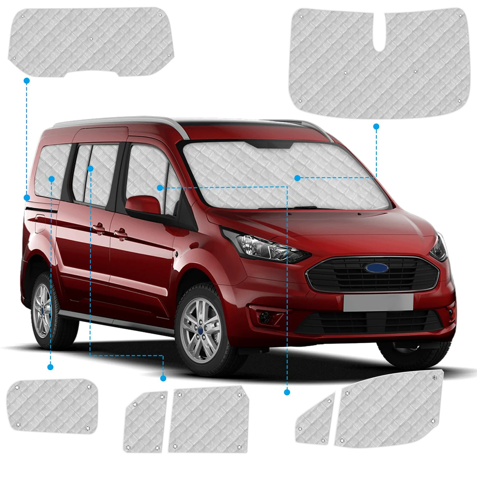 Parasol para Parabrisas Compatible con Ford Grand Tourneo Connect (LWB) 2013-2022, 12 Piezas Juego de Protector de Parabrisas, Juego de Ventana de Persiana Térmica Interior con Bolsa Almacenamiento