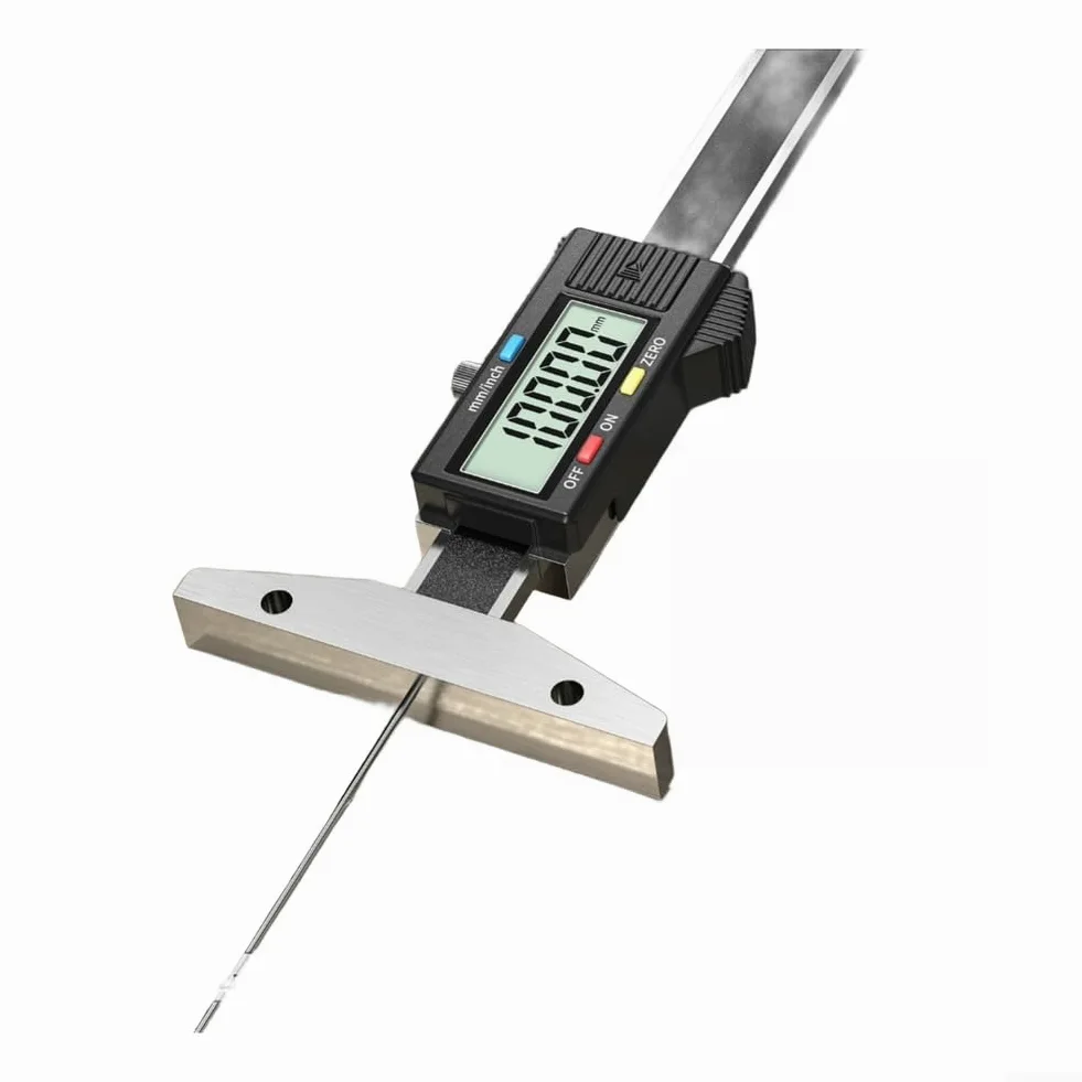 Medidor de profundidad de acero inoxidable 4CR13 herramienta resistente al desgaste (0-150 mm) | LCD de resolución de 0.01mm, cuerpo de acero inoxidable, lectura precisa de profundidad, herramienta de grado industrial