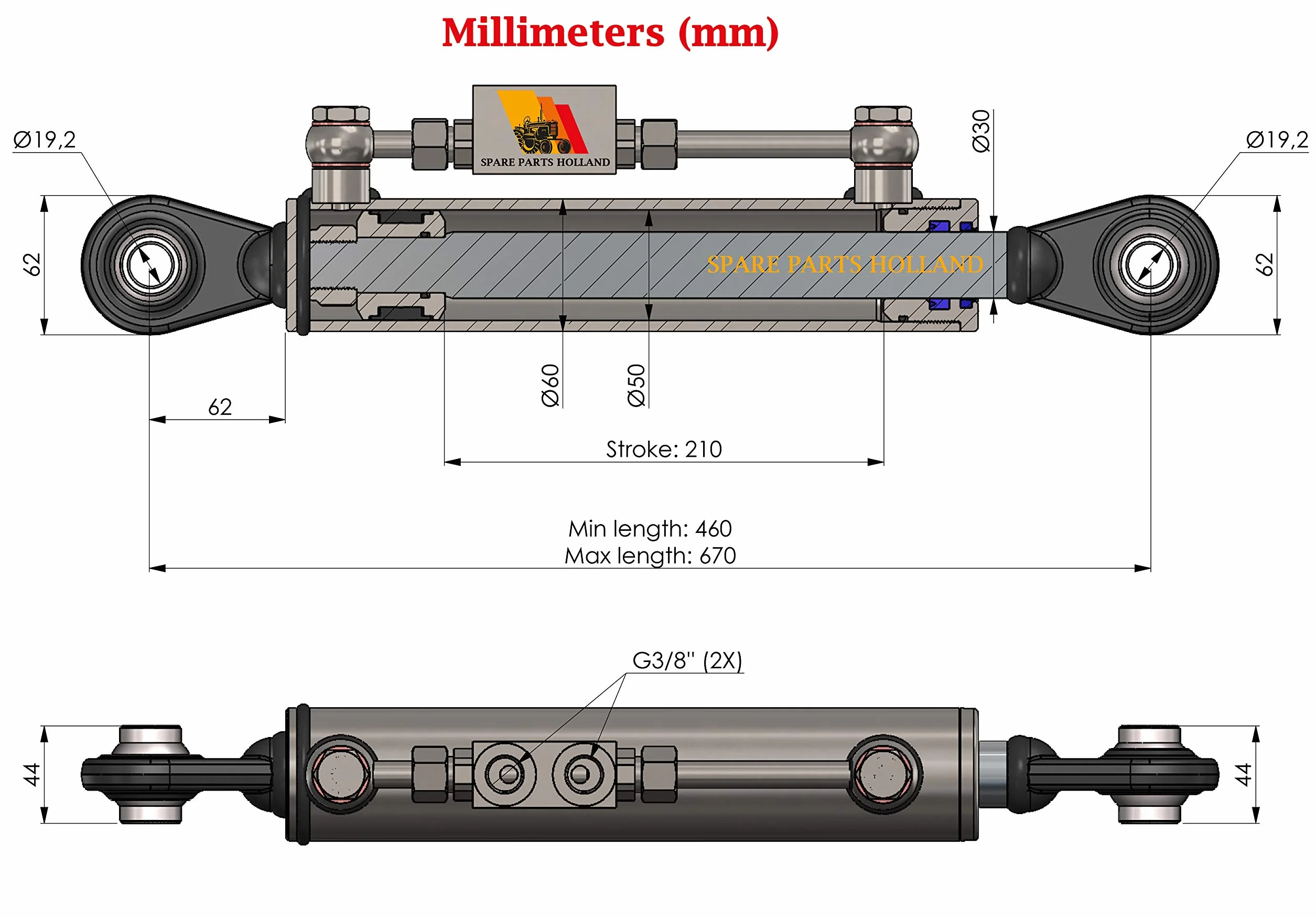 Tercer Punto Hidráulico Cat 1 460-670 mm con Bloque de Bloqueo y 2 Mangueras