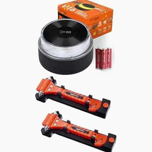 Baliza de Emergencia V16 con Geolocalización y Conexión DGT 3.0 – Uso Obligatorio Enero 2026 + Amazon Basics Cortador de cinturón de seguridad y martillo rompecristales de emergencia, Paquete de 2