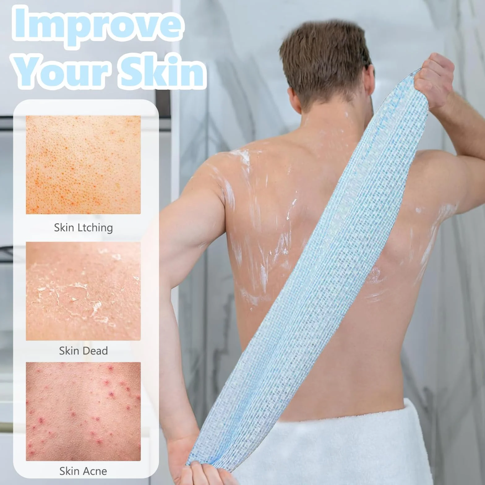 Toallas Exfoliantes Coreanas Japonesas Africanas para Ducha, Estropajo Exfoliante de Espalda, 2 Piezas Negro Azul