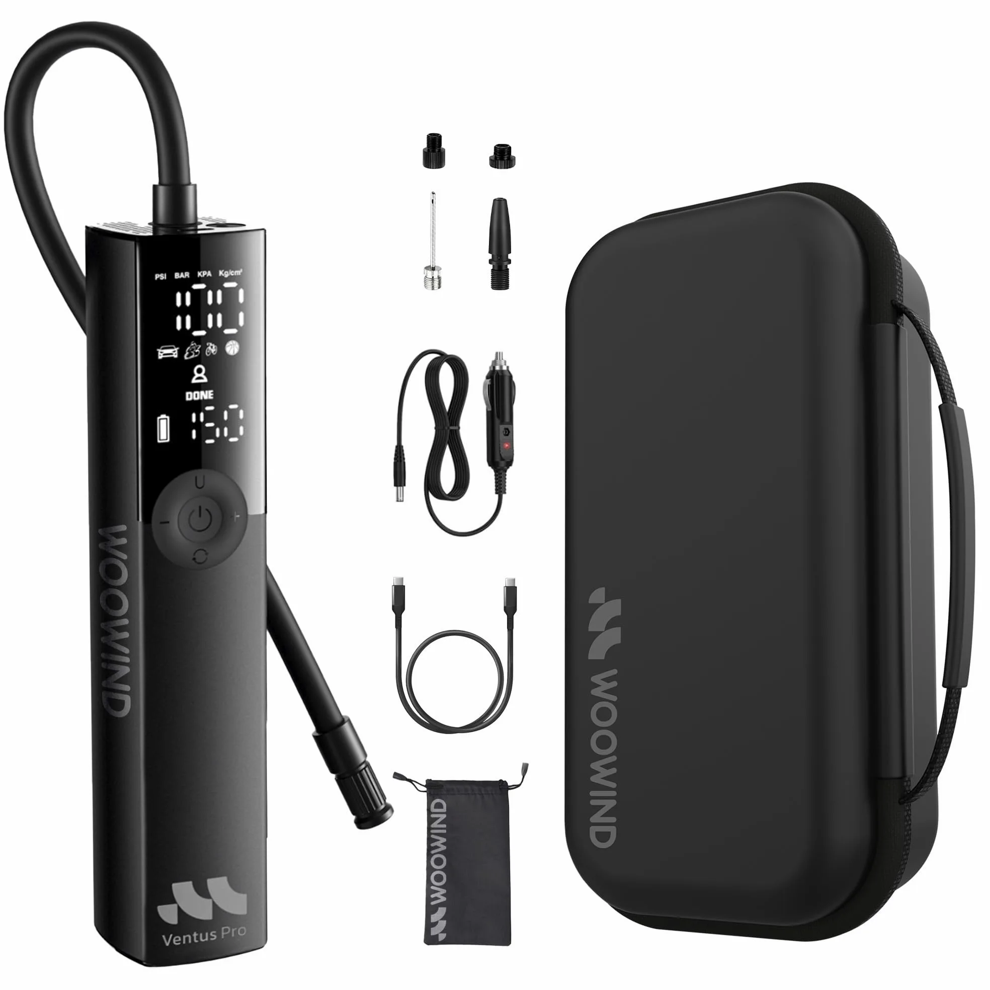 Woowind Ventus Pro Compresor Aire Portátil 150PSI/10,3Bar, Inflador Eléctrico Coche Recargable, Inalámbrico o con Cable 12V DC, Apagado Automático y Linterna LED + Estuche de Transporte