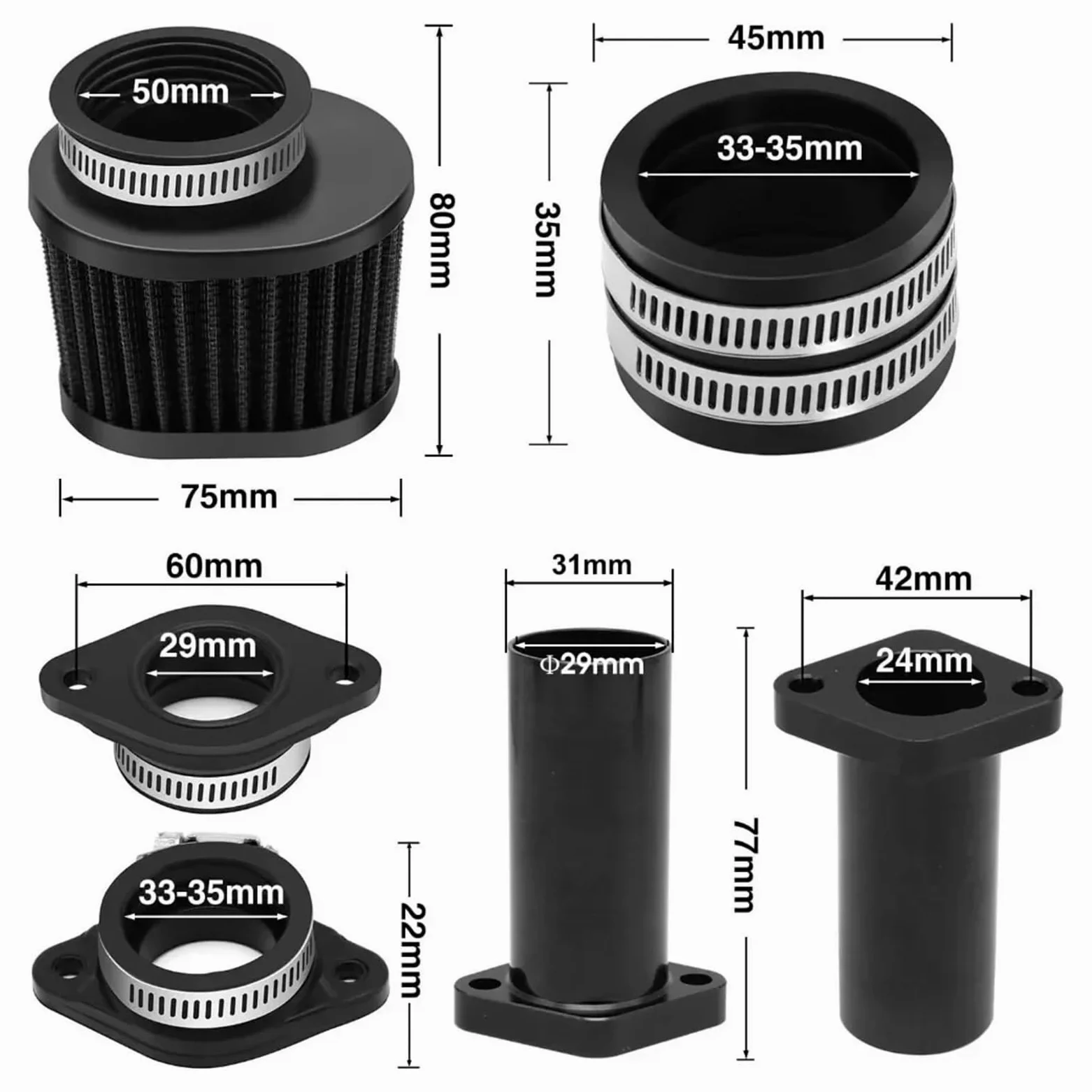 carburador de desbrozadora de gasolina Carburador para carburador para PWK con filtro de aire para adaptador colector admisión Tazón flotante visible Tubo codo guía(30mm Black Kit 2)