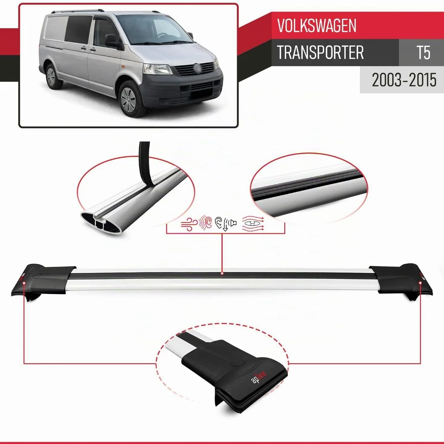Compatible con Volkswagen Transporter (T5) 2003-2015 Modelo Fly Barra de Techo Auto Portaequipajes Barras Transversales Gris Aluminio 2 Barras