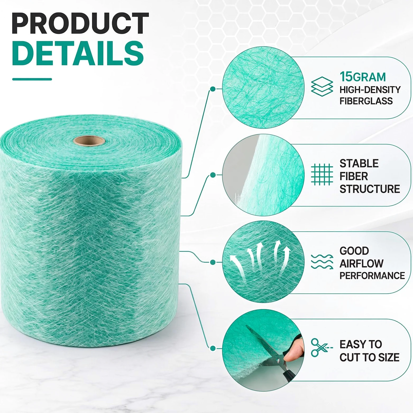 Lewtemi Rollo de filtro de escape de cabina de pintura, 20.5 pulgadas x 300 pies, 15 gramos de medios de fibra de vidrio verde para sobrepulverización de cabina de pulverización, sistemas de corriente