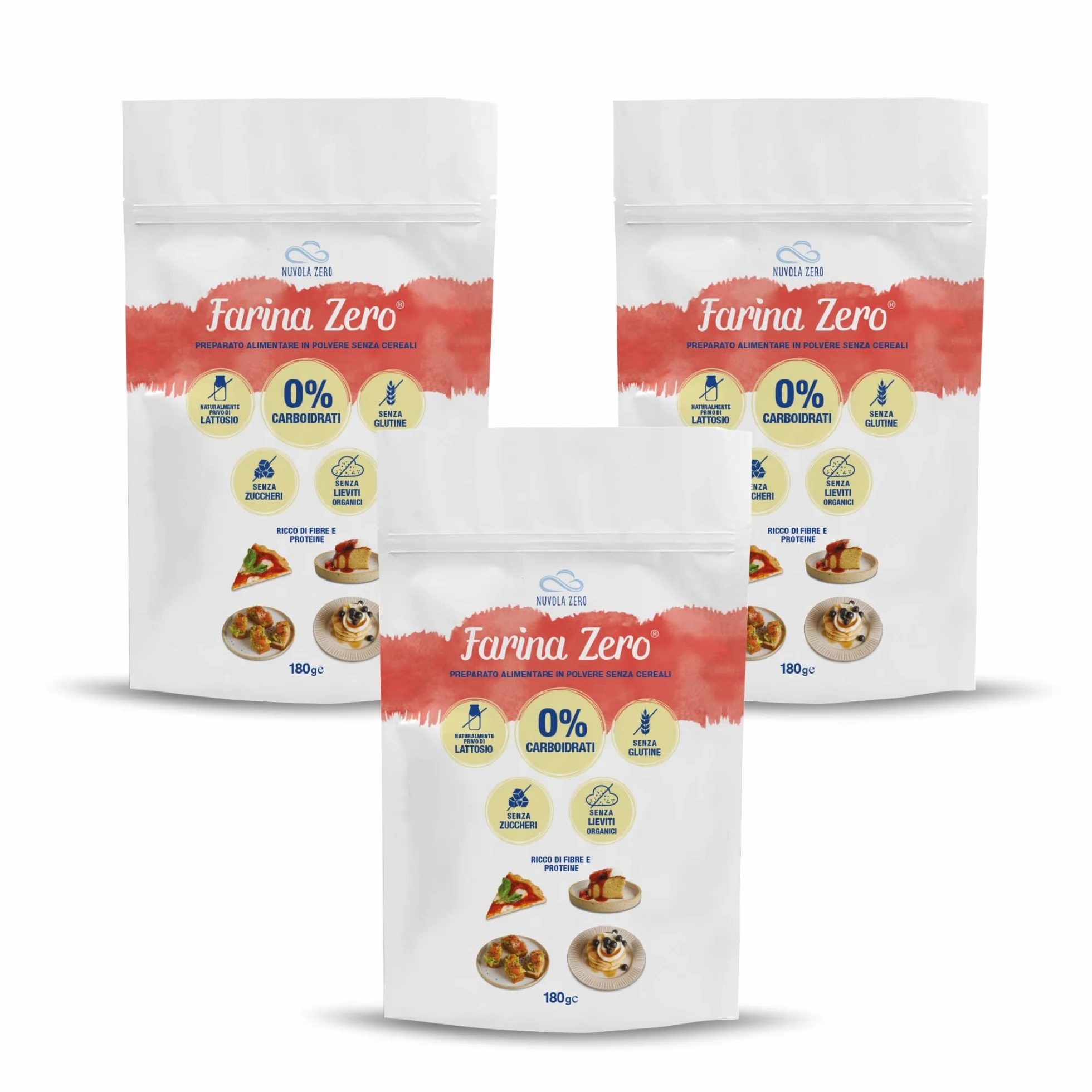Nuvola Zero Farina Zero Sin Gluten 180g Paquete 3 Piezas para Pasta Pizzas Pasteles Pan
