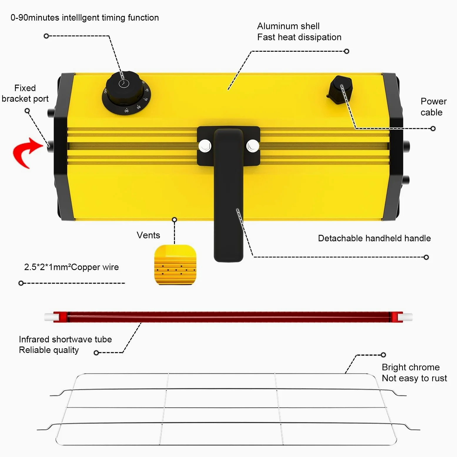 Lámpara de secado pintura infrarroja 2000 W, lámpara onda corta con soporte Solidificador de recubrimiento(ZJ-KC-002)