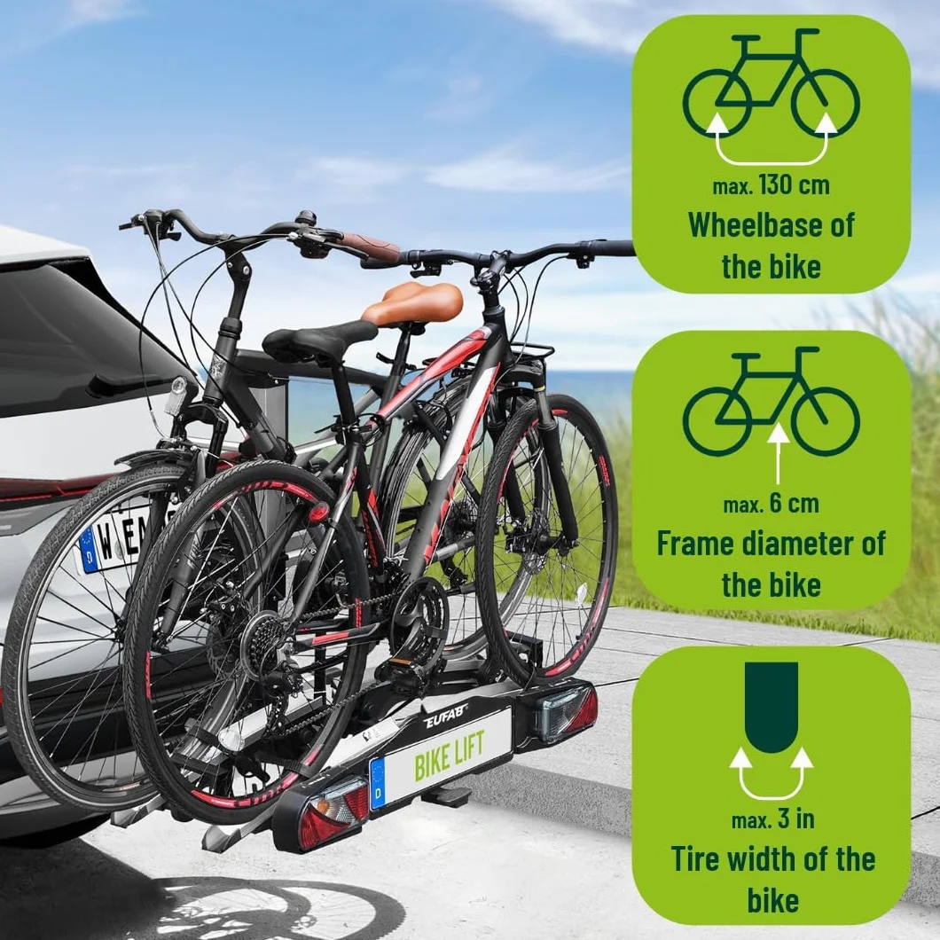 EUFAB Portabicicletas 11554 Bike Lift, Apto para Bicicleta eléctrica, Totalmente premontado, Descenso eléctrico, antirrobo, para 2 Bicicletas, para Enganche de Remolque, 2025 con Soportes de Marco de