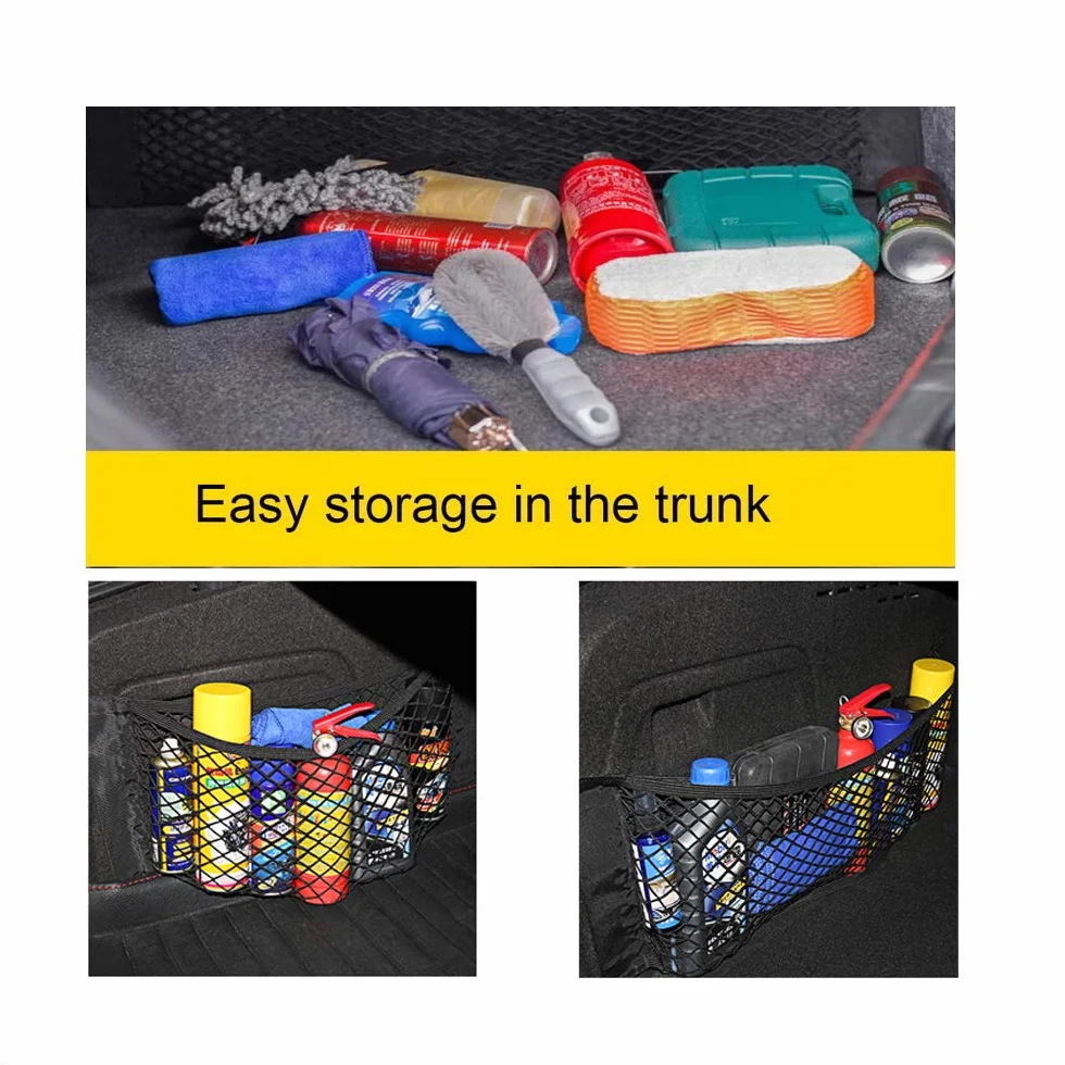 EINESIN Red de Almacenamiento, Nailon, Bolsa de Organizador Tronco de Coche con Redes de Bolsillos Elástica, Botellas, comestibles, Negro, para Carro de automóviles