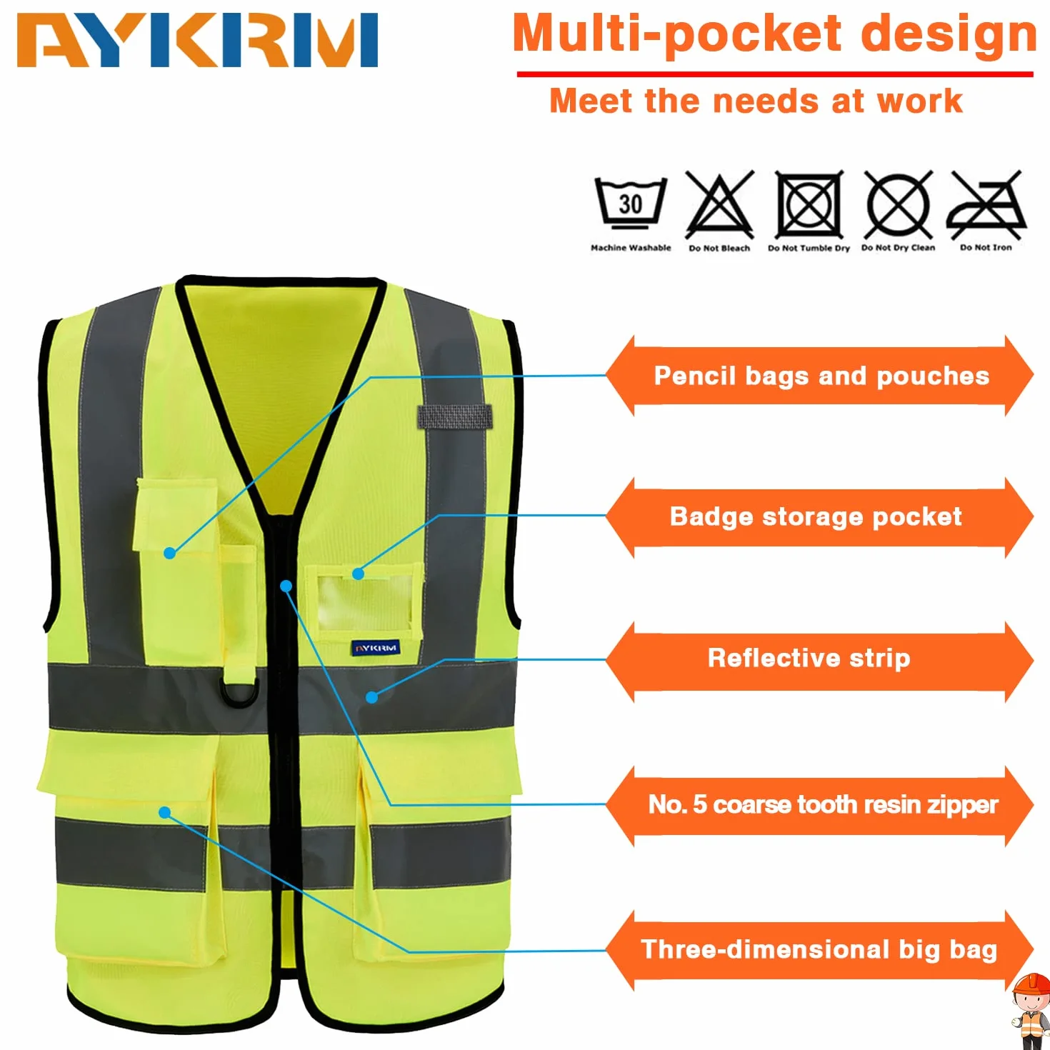 AYKRM Chaleco de Seguridad Reflectante Alta Visibilidad Ropa de Trabajo Multibolsillos 21 Colores