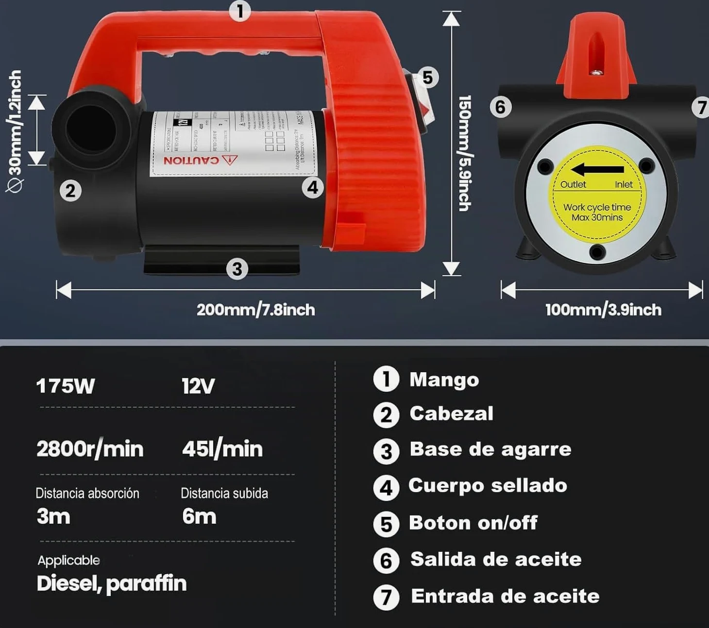 Bomba de Diesel Gasoil 12V 175W para transferir combustible con mangueras, 0-50 L/min