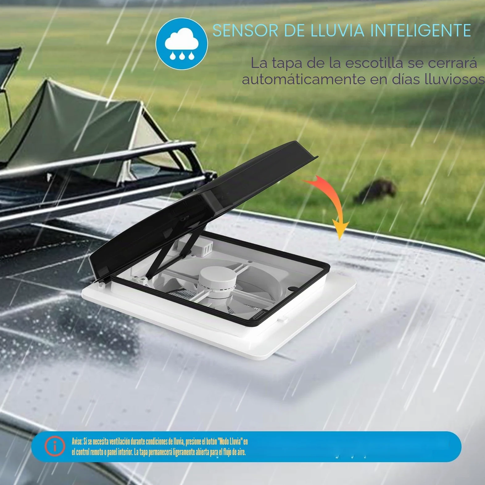 2012 Ventilador de ventilación de techo para caravanas, Nivel de ruido ultrabajo de escape reversible con sensor de lluvia, ventilador permanente de nivel automático para autocaravana camper
