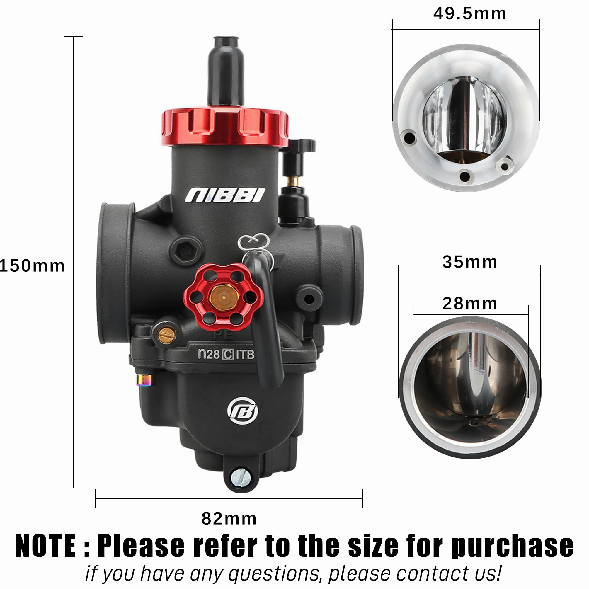 NIBBI PE 28mm Carburador Alto Rendimiento para Motos 200cc-250cc con 3 Boquillas un Inyección Piloto y Revestimiento Protector Apto para Cross, Dirt Bike, ATV, Motocross, Pit Bike, Mini GP