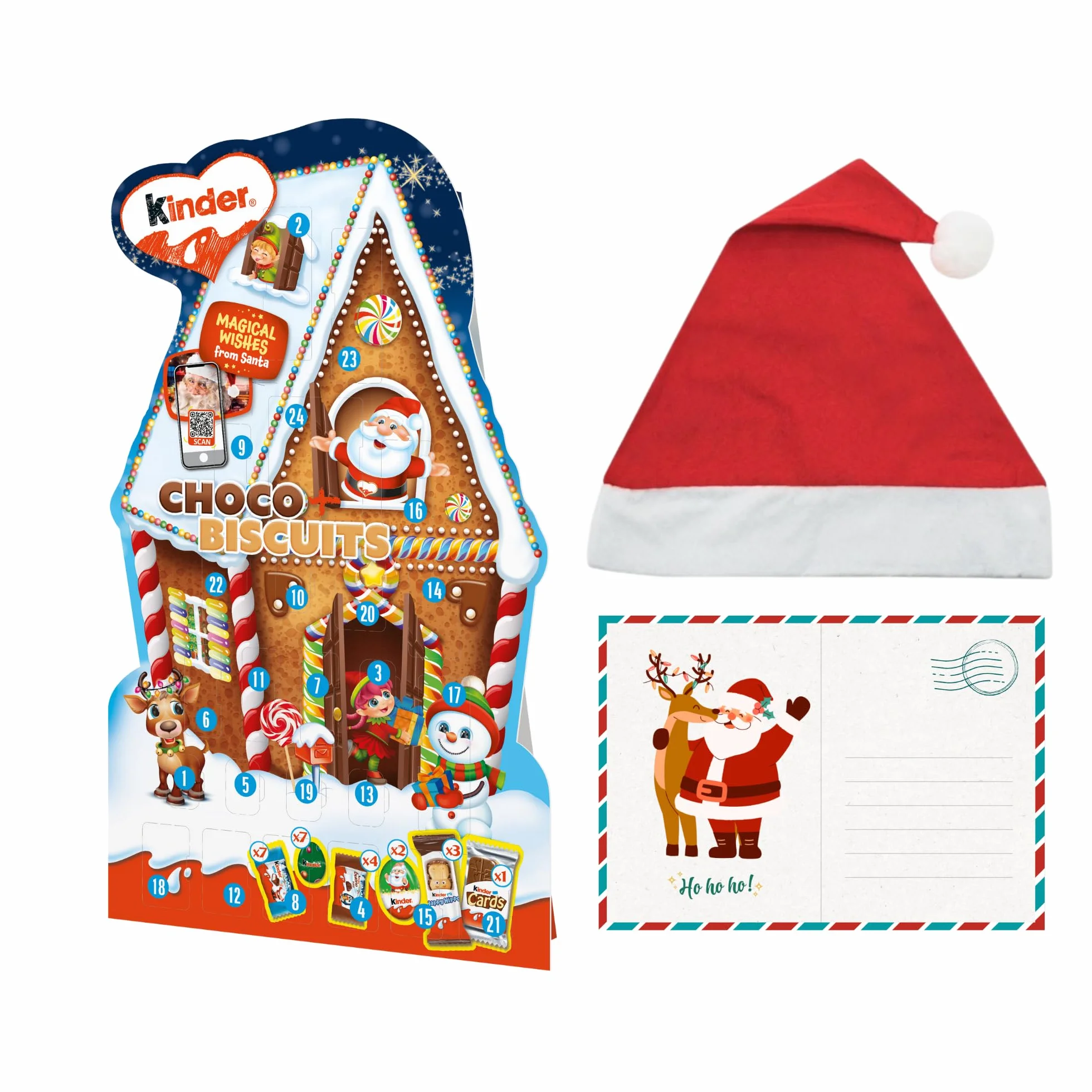 Pack Kinder Biscuits Calendario Adviento Chocolates Postal Navideña Gorro Papá Noel Edición Navidad