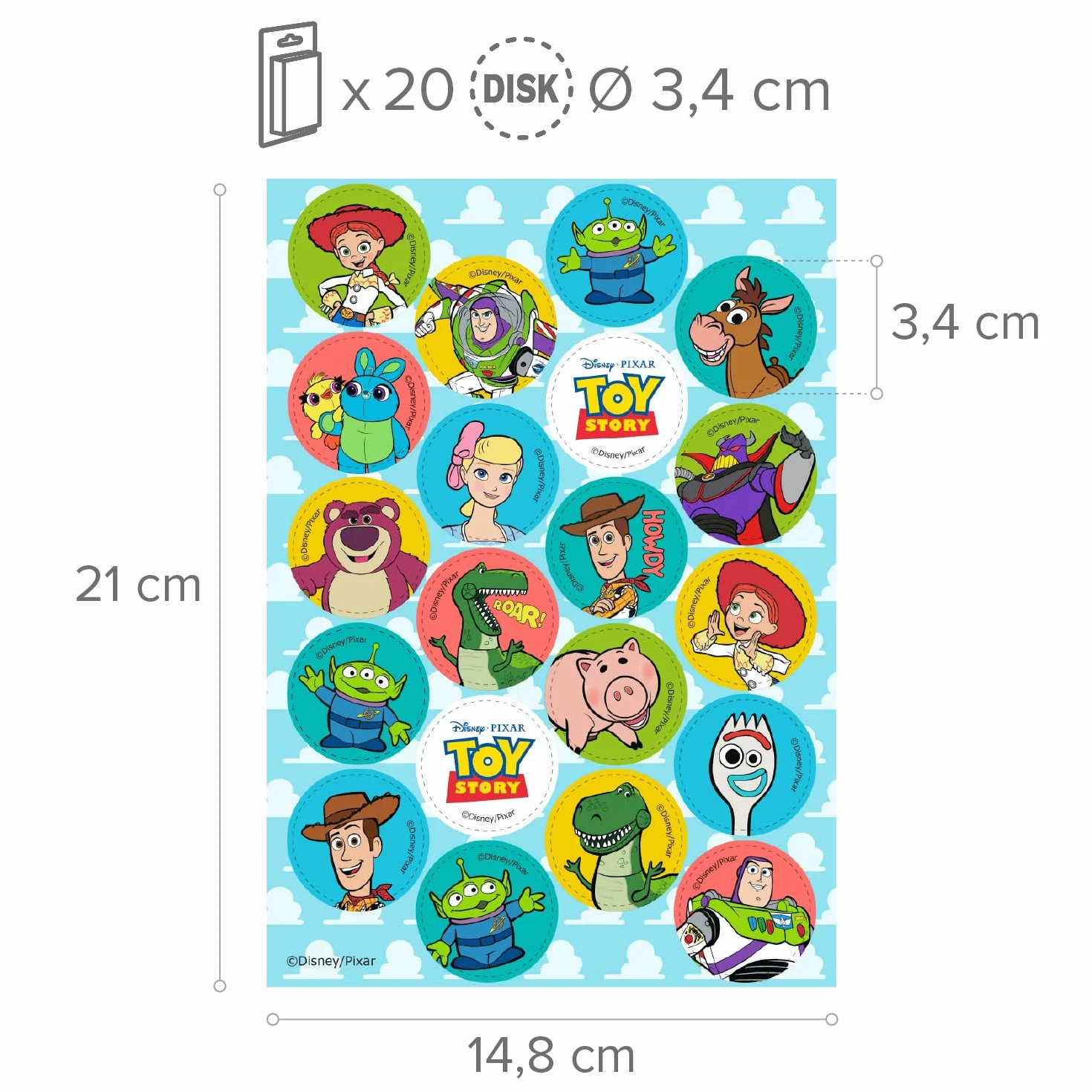 Mini Discos de Oblea Comestibles Toy Story Pack 20 Unidades 3,4 CM Decoración para Cumpleaños Infantiles