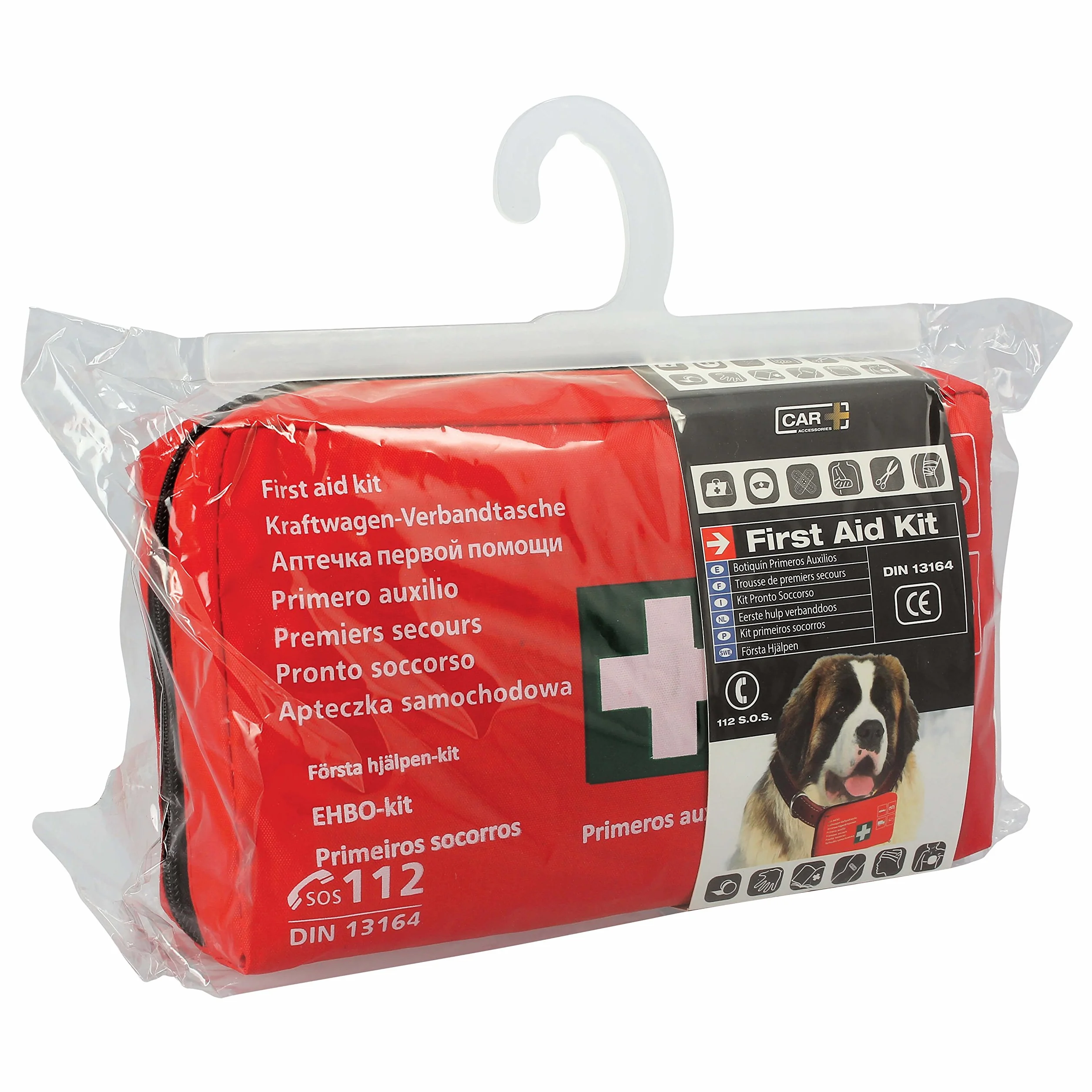 S SUMEX Botiquín Primeros Auxilios DIN 13164 Kit Emergencia para Coche, Cumple Normativa Europea, Equipamiento Completo, Bolsa Roja