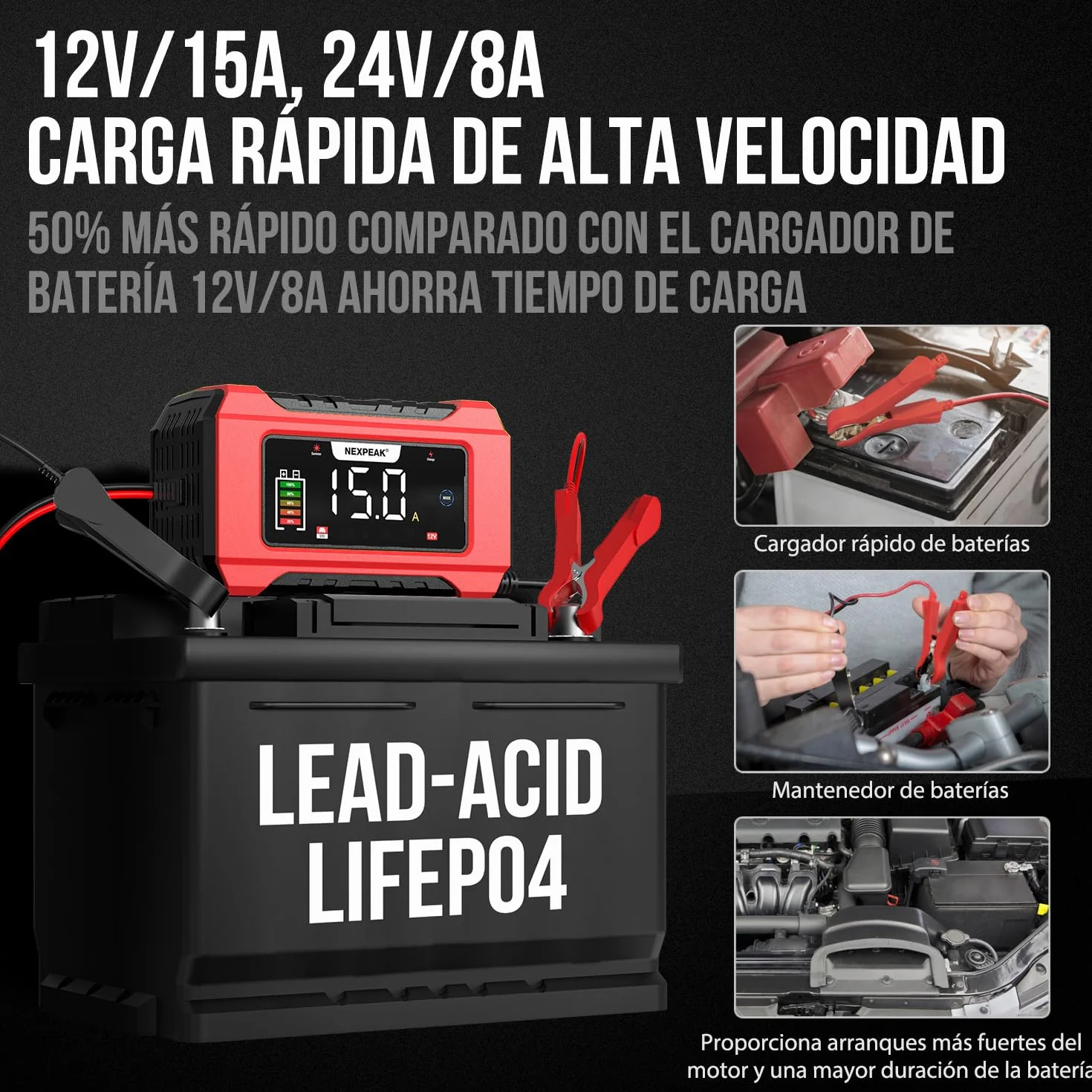 NEXPEAK NC215 Cargador de Batería 15A para Coche, 12V 24V LiFePO4 Portátil 9-Etapas Inteligente - Camión, Moto, Cortacésped, Barco, Marina