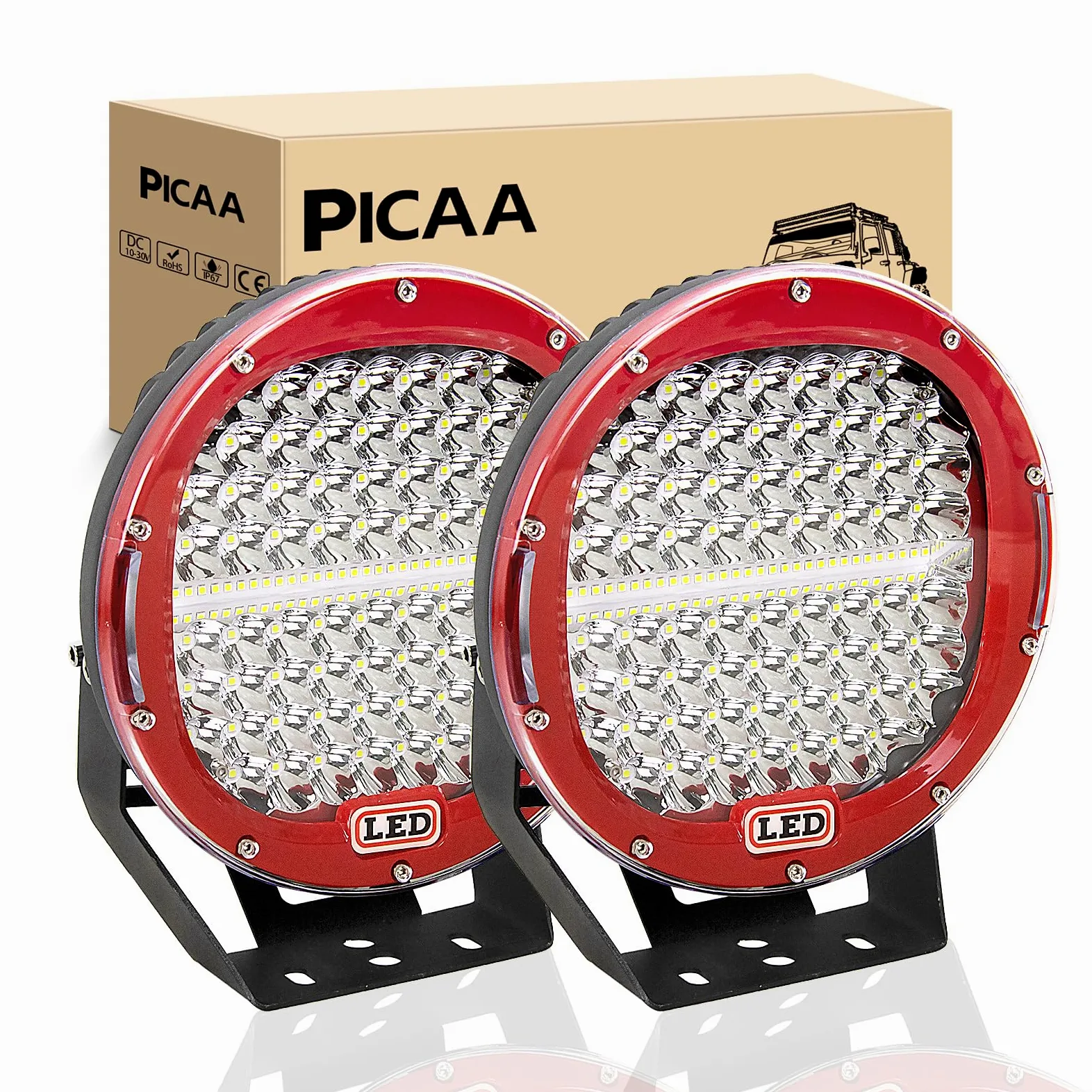 PICAA Foco de trabajo LED 9‘’ pulgadas 294W Ronda LED Spot Tractor 12V-24V 6000K Focos LED para Tractores IP68 Impermeable Luz de Niebla Coche,SUV, UTV, ATV, Off-road,Camión,Moto,Barco (rojo)
