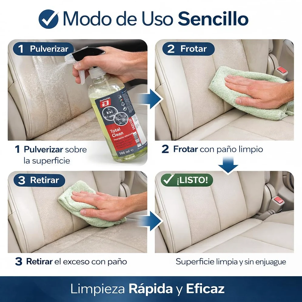 Datacol Total Clean – Limpiador Universal Interior 500 ml | Spray Multi-Superficies para Piel, Tejidos y Plásticos | Limpia tapiceria Poder de Limpieza Profesional | Listo para Usar (4)