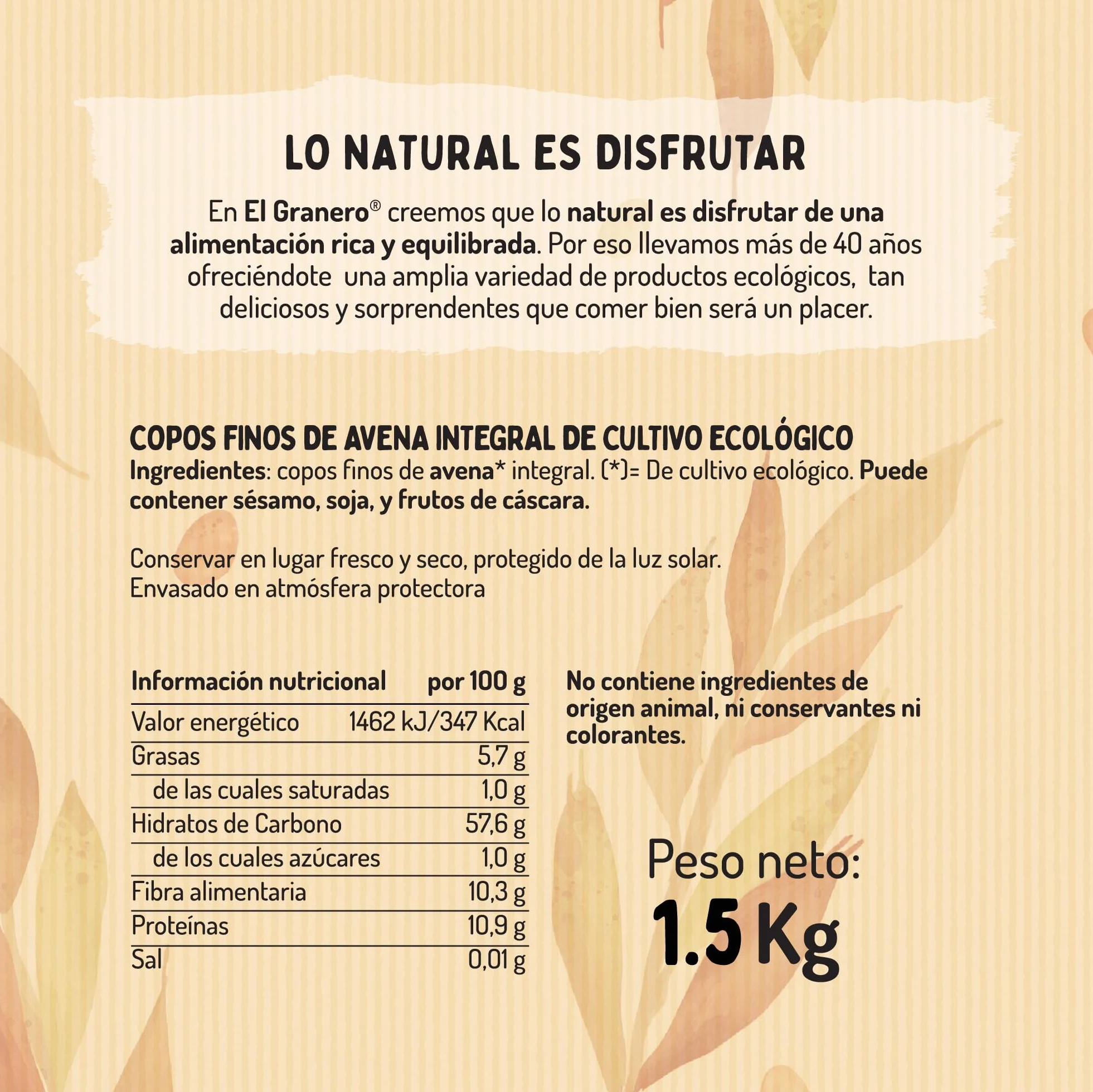 Copos Suaves Avena Integral Ecológica 1.5 kg Sin Azúcar Alto Contenido Fibra Proteínas