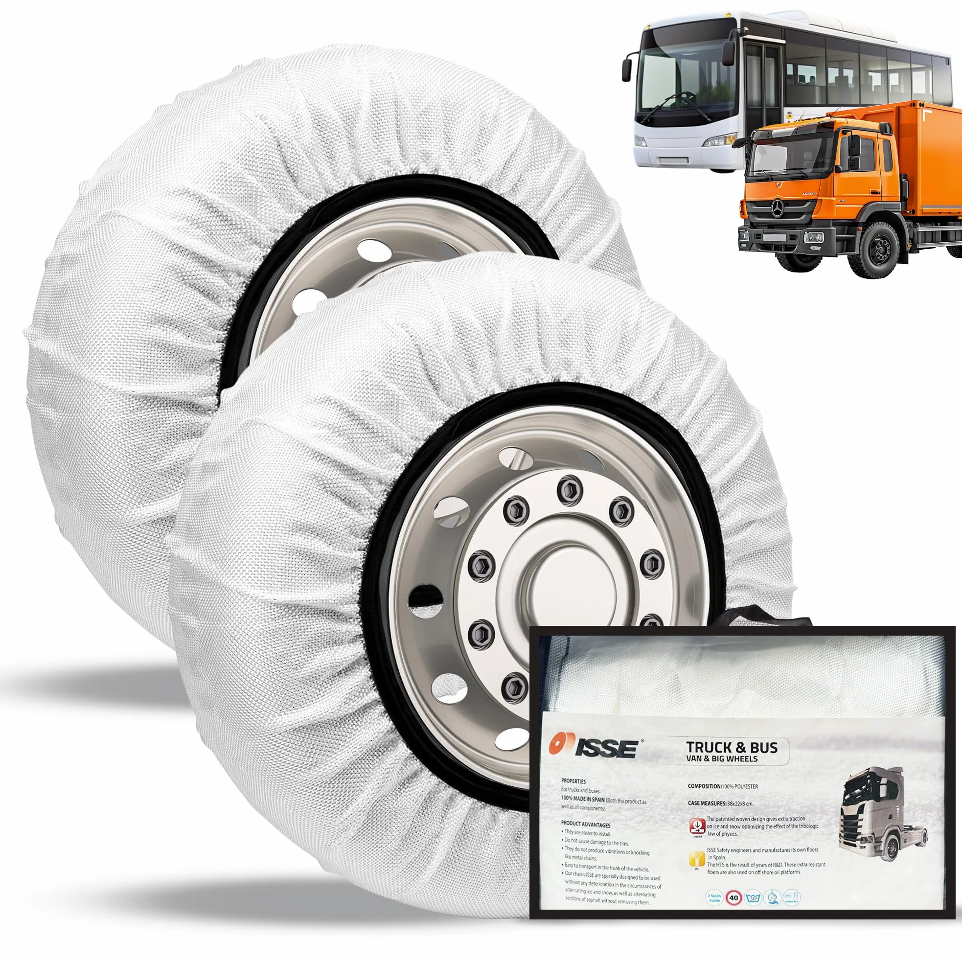 ISSE - Cadenas Camión Nieve |T-110| Homologación EN 16662-1 - Cadenas Nieve Téxtiles Fáciles de Instalar - Cadenas Nieve y Hielo Camión Antideslizantes y Resistentes - Kit de 2 Cadenas + guantes