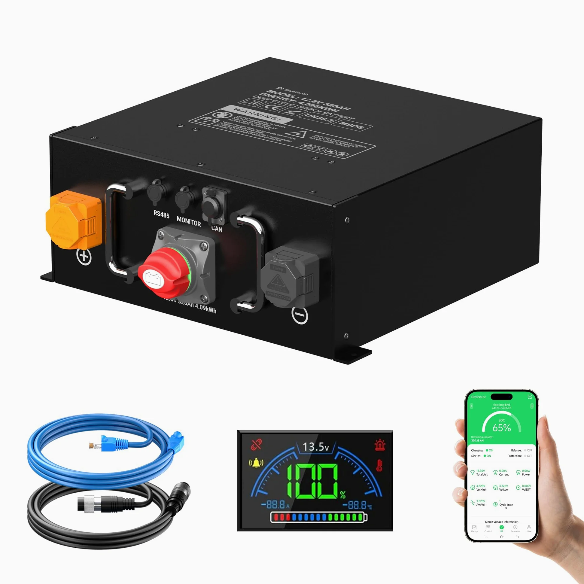 Mjbsan LiFePO4 - Batería de litio de 12 V y 320 Ah con 250 A Smart BMS, protección de baja temperatura, 12000 ciclos y potencia de carga máxima de 3200 W, para caravanas, solares, almacenamiento de