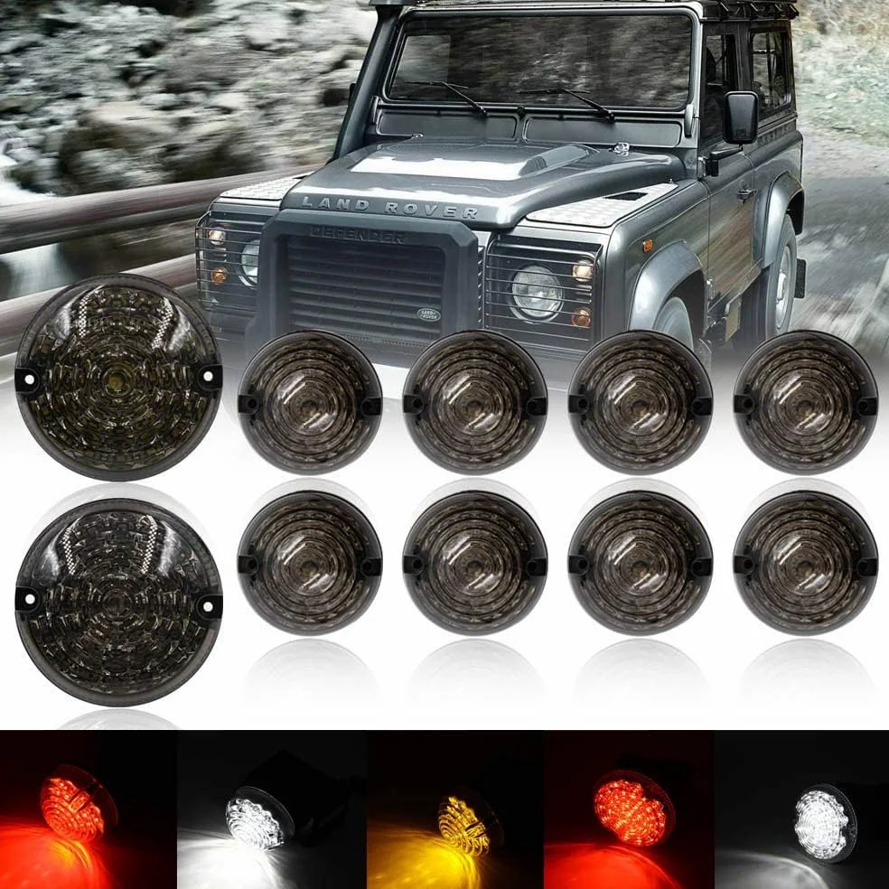 10PCS Kit completo de actualización de lente ahumada Luz trasera trasera Luces antiniebla Luz de marcha atrás Luz lateral delantera compatible con Land Rover Defender 90/110
