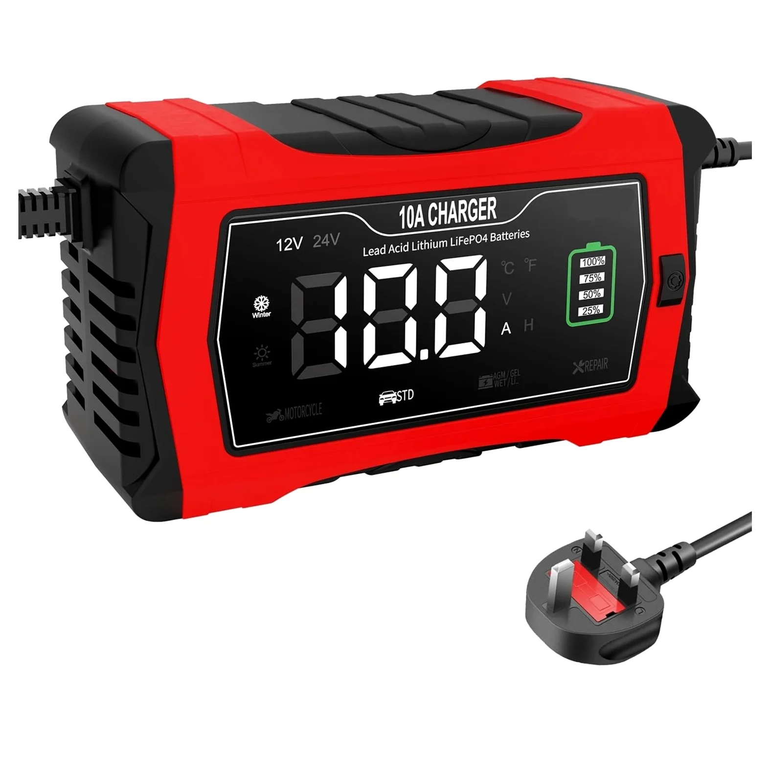 Cargador De Batería De Coche De Reparación Inteligente Universal De 12V 24V 10A, Cargador De Reparación For Batería De Plomo Ácido AGM GEL LiFePO4(10A UK Plug)