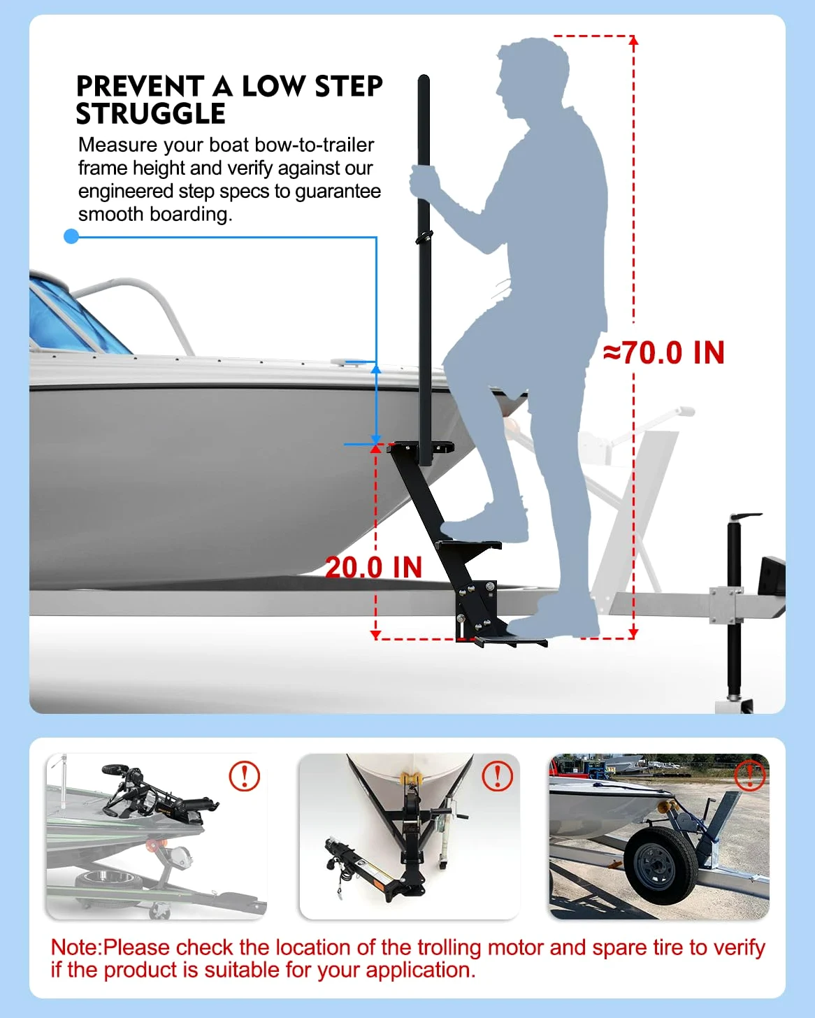 Escalones de remolque de barco, escalones de lengüeta de remolque resistentes con asa, ajuste universal para 3 x 3 pulgadas, 4 x 4 pulgadas y 3 x 5 pulgadas (3 escalones, banda de rodadura | Superficie antideslizante, capacidad de 450 libras