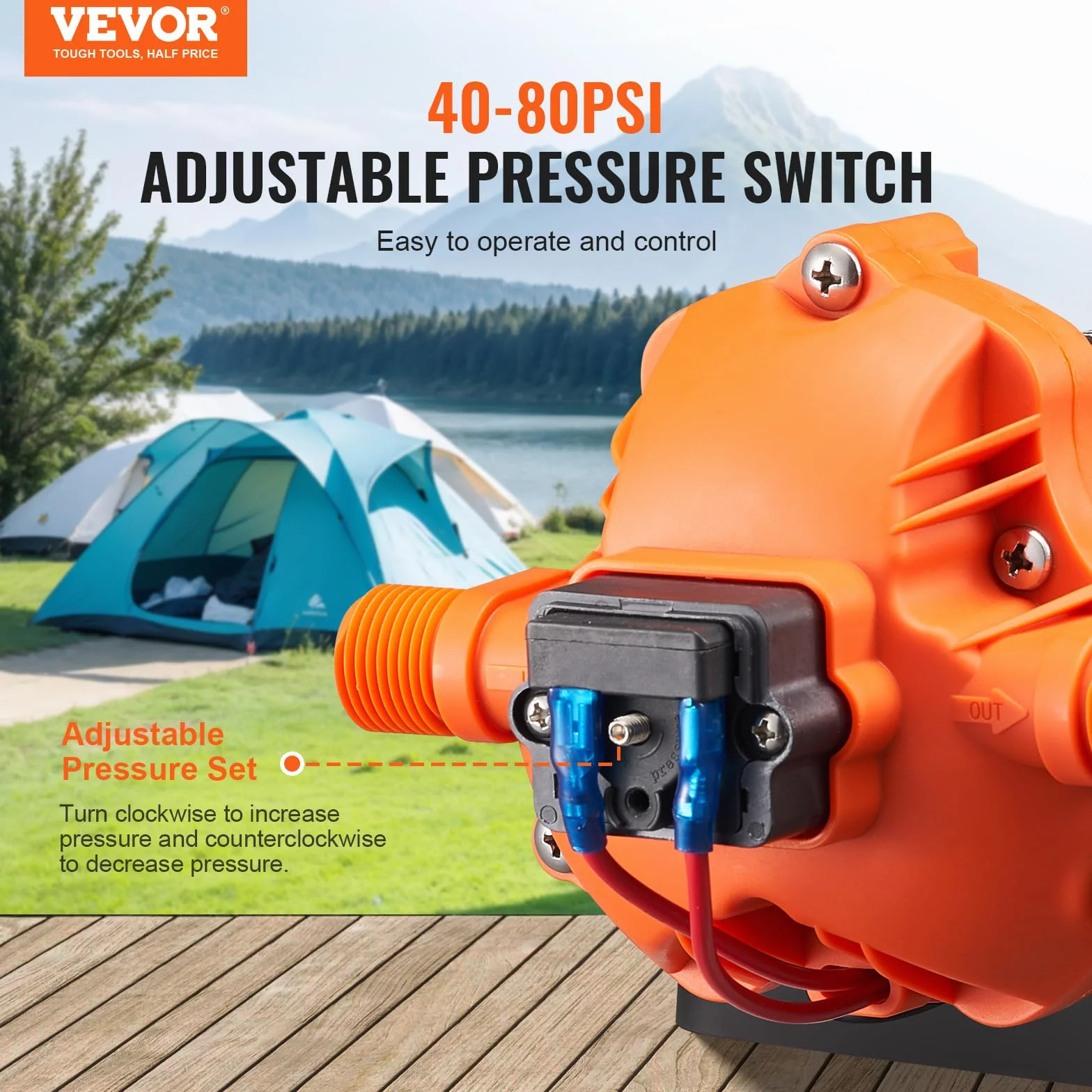 VEVOR Bomba de Diafragma 12 V 6,81 L/min Bomba de Agua de 3 Cámaras con Interruptor de Presión Automático Ajustable de 40 a 100 PSI, 60 PSI, Puerto MNPT de 12,7 mm para Camión de Comida, Autocaravana