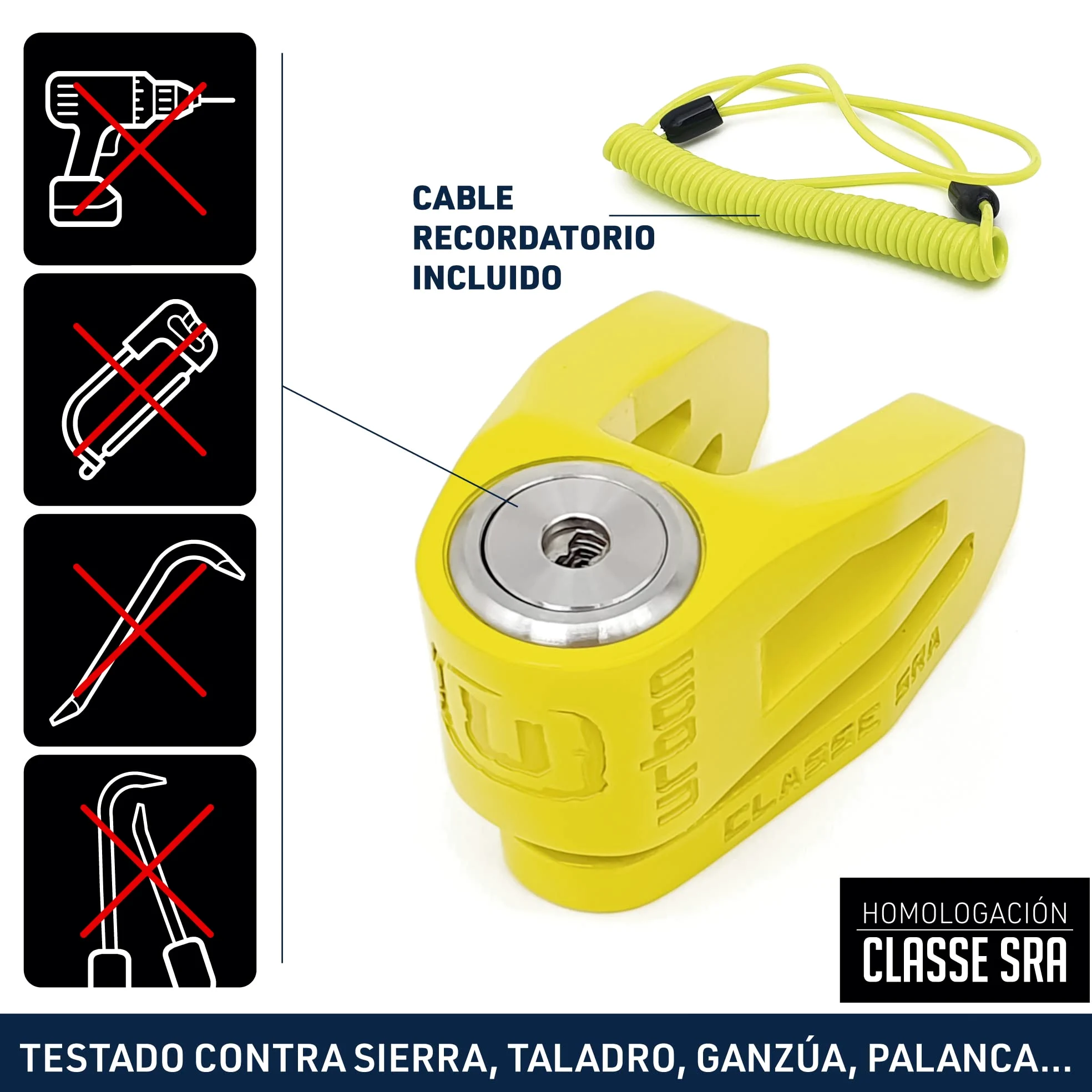 URBAN UR210Y Candado Moto Homologado SRA, Antirrobo Disco Máxima Seguridad, Testado Doble Bloqueo ø10mm, Cerradura Anti-Taladro, Arquitectura Ligera, Cepo Pinza Motos y Scooter, Acero Inox Amarillo