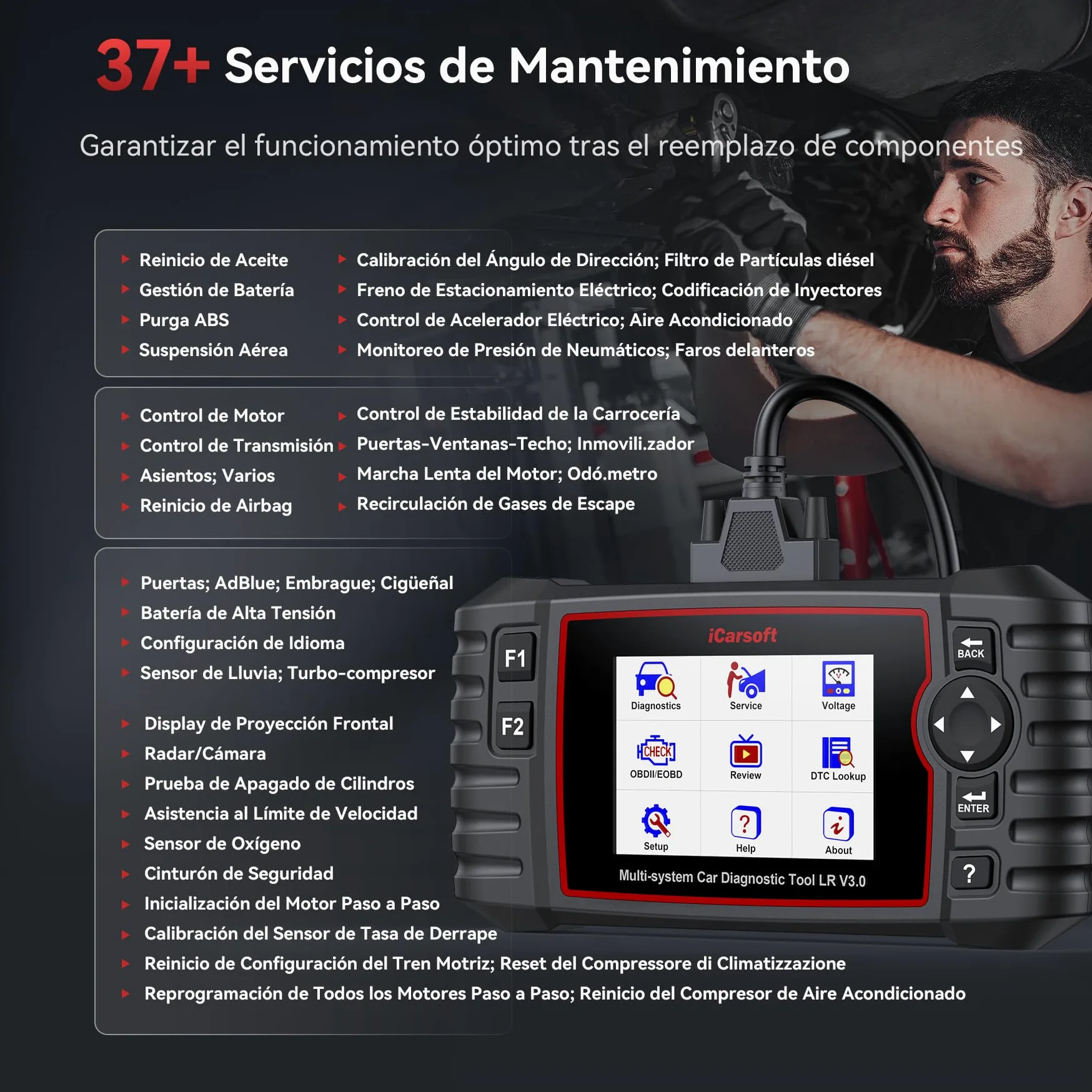 iCarsoft LR V3.0 OBD2 Máquina Diagnosis Coche para Land Rover/Jaguar, Bidireccional Escáner de Todo el Sistema, 37+ Funciones Reinicio, Prueba de Batería, Vin Automático, Actualizaciones de por Vida